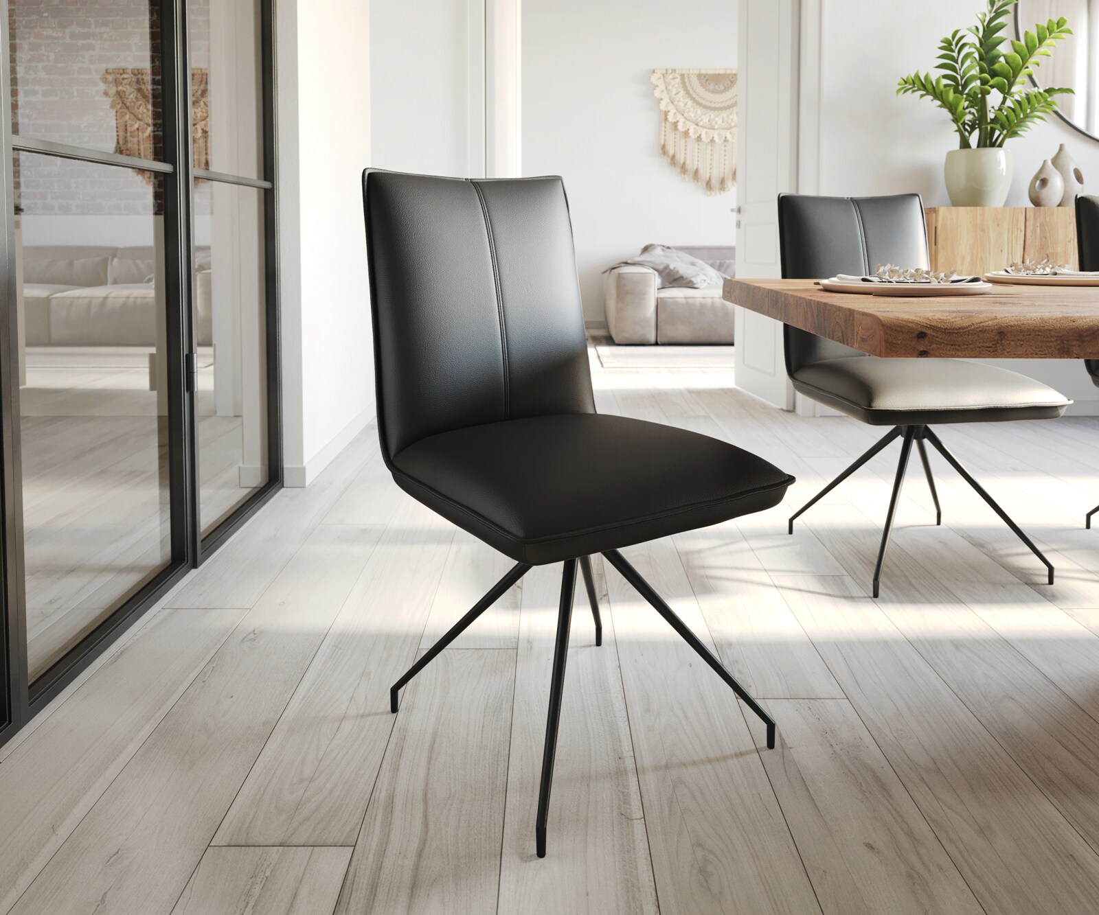 Eetkamerstoel Lelio-Flex echt leer zwart kruisframe conisch zwart pocketveer kern Eetkamerstoel Lelio-Flex echt leer zwart kruisframe conisch zwart pocketveer kern