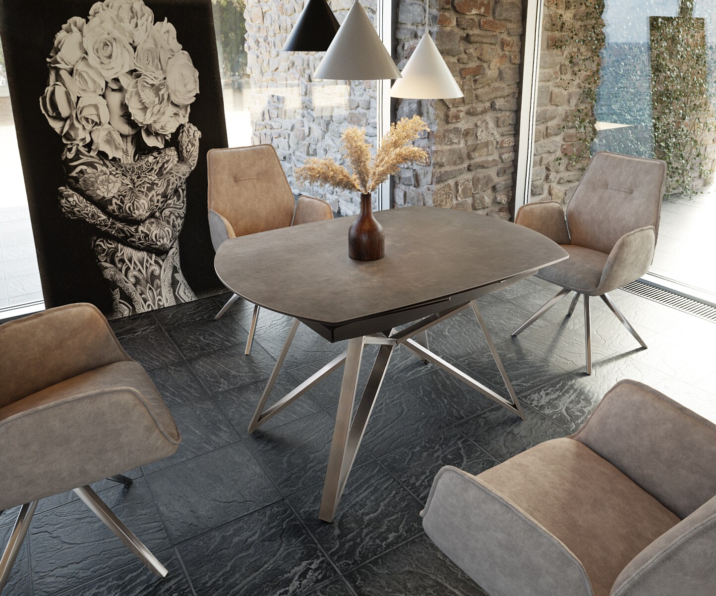 Eettafel Carlow 130/200x95 cm keramisch bruin roestvrij staal uitschuifbaar 1