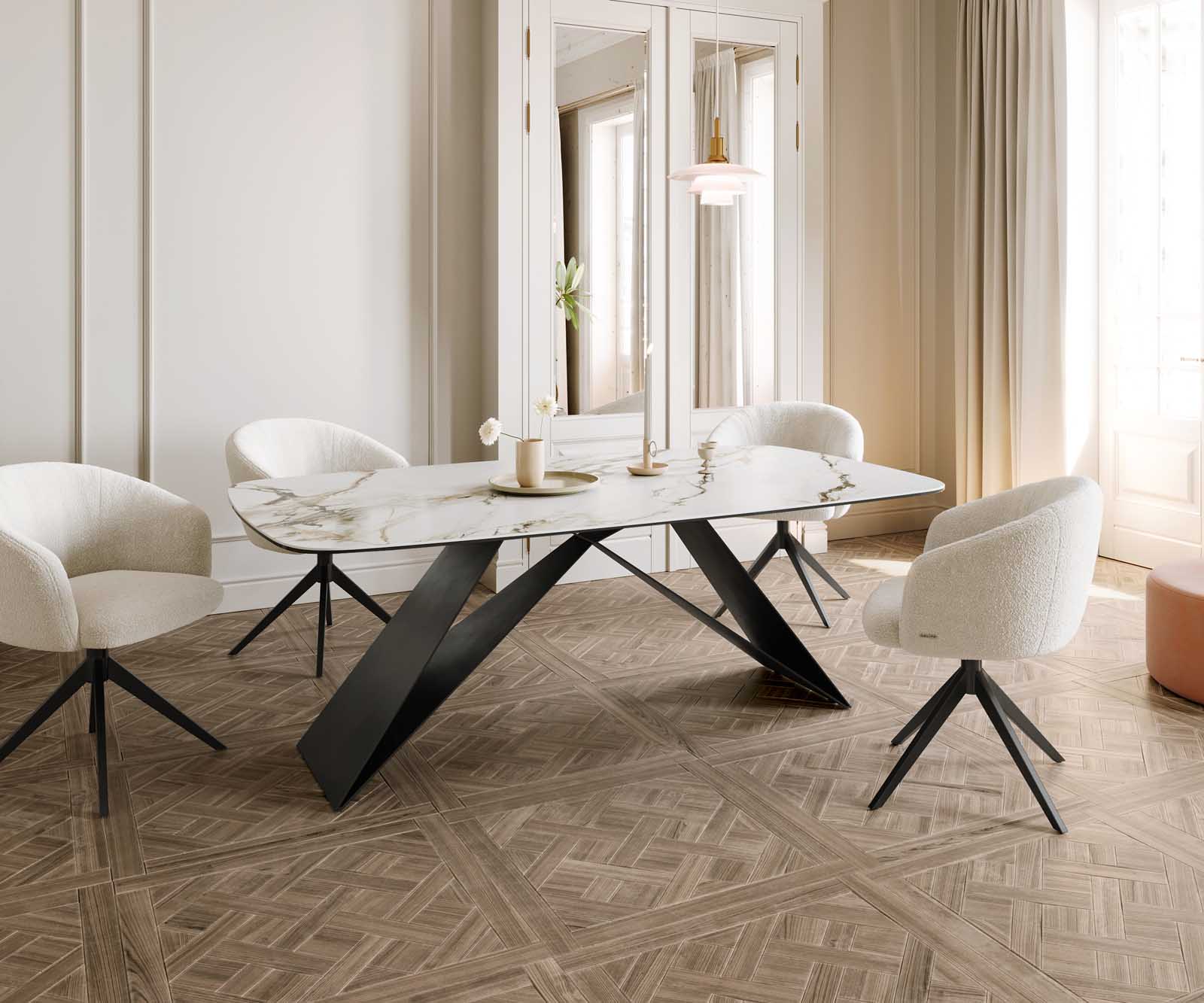 Eetkamertafel Edge Boot 200x100 keramiek Calacatta Luxe wit-goud-grijs V-frame vlak staal zwart 6
