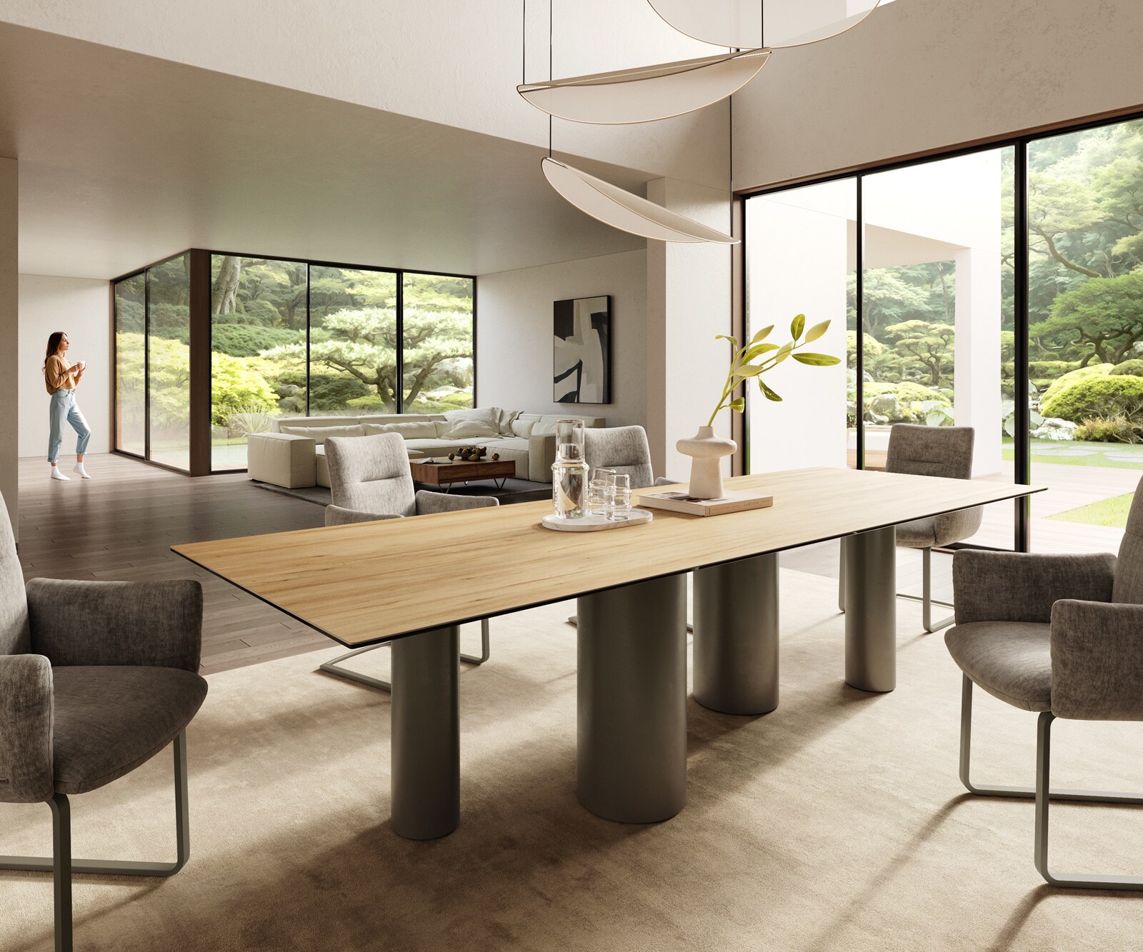 Eetkamertafel Edge 300x100 keramiek Laminam® Sabbia eiken kleur Pilier metaal effectafwerking titaan