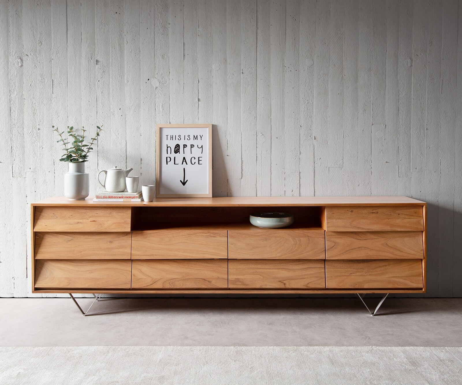 Dressoir Eloi Acacia Natuur 240x40 cm 2 Deuren 6 Laden V-Poot RVS 1