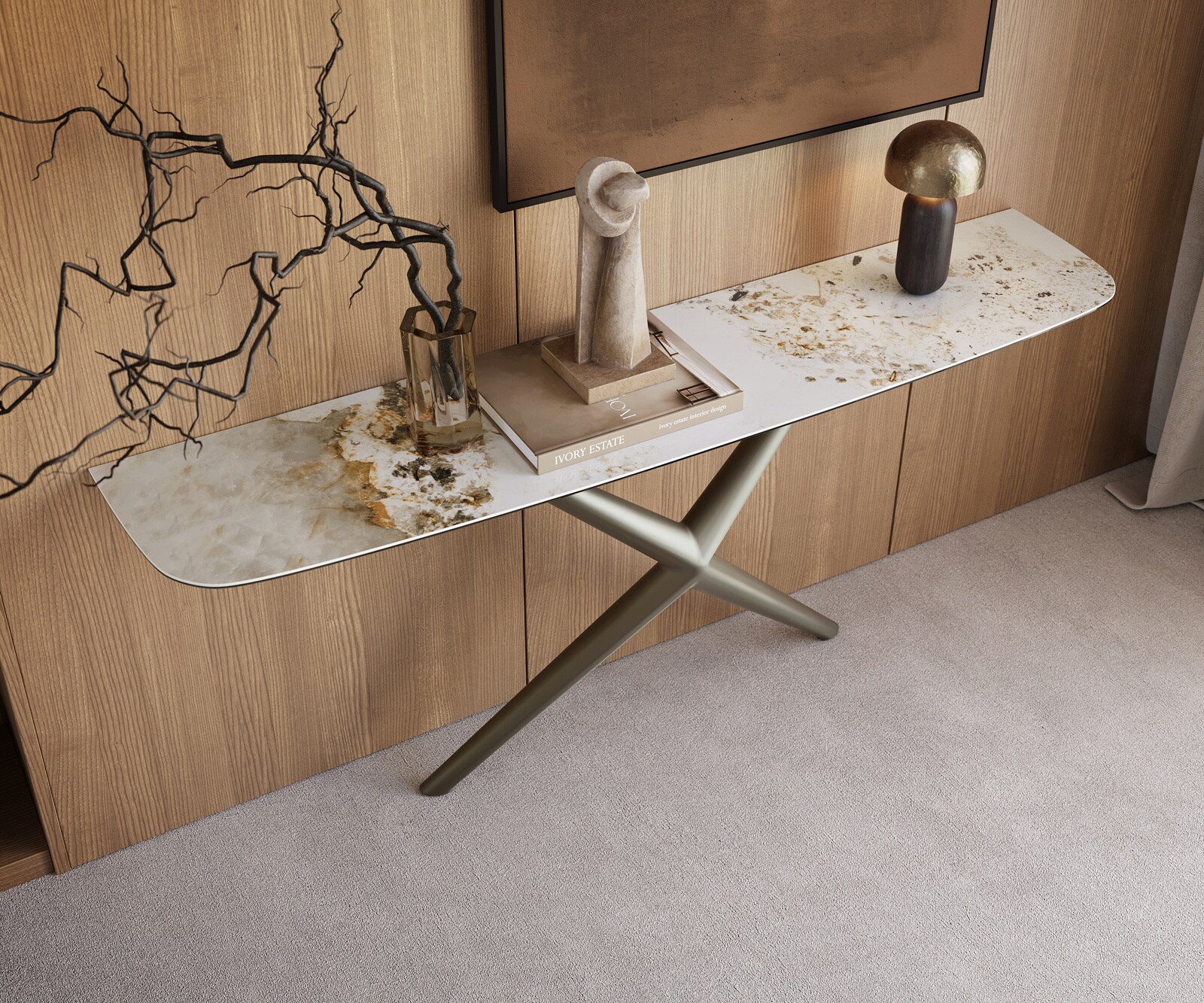 Consoletafel Edge Bootvorm 180x40 cm Keramiek Minas Melange Weiß-Beige Estelo Metaal Effektfinish Titan 2