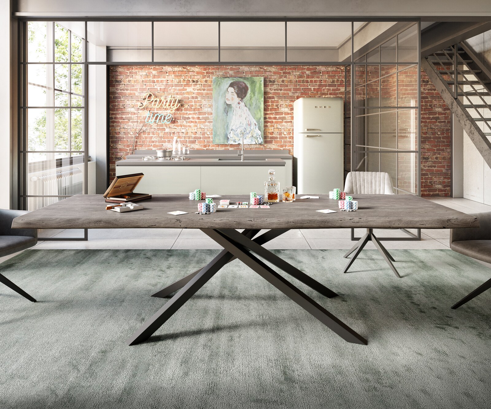 Eettafel Edge 260x100 XL acacia platina  kruisframe rechthoek zwart  Live-Edge 2