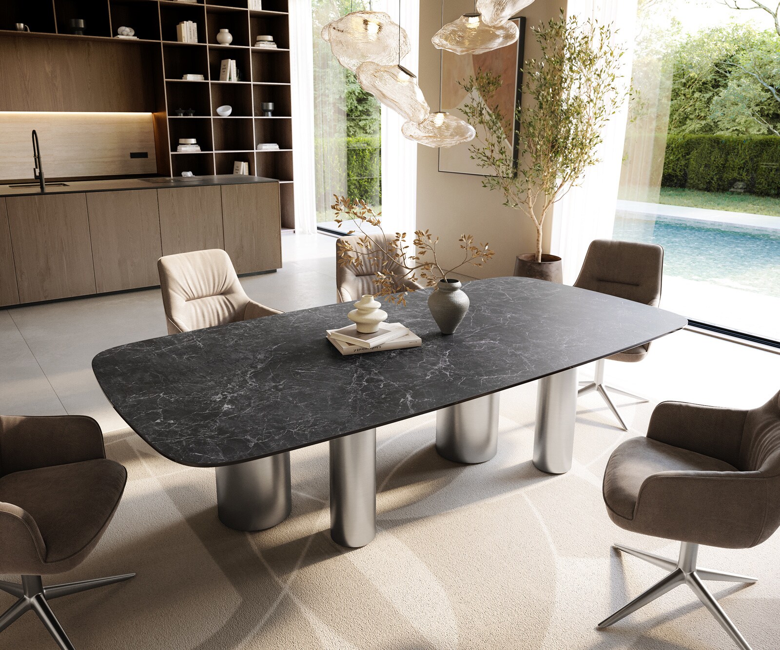 Eettafel Edge Boot 240x120 cm Keramiek Laminam® Nero Greco Anthrazit Pilier Roestvrij staal gebürstet
