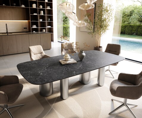 Eettafel Edge Boot 240x120 cm Keramiek Laminam® Nero Greco Anthrazit Pilier Roestvrij staal gebürstet