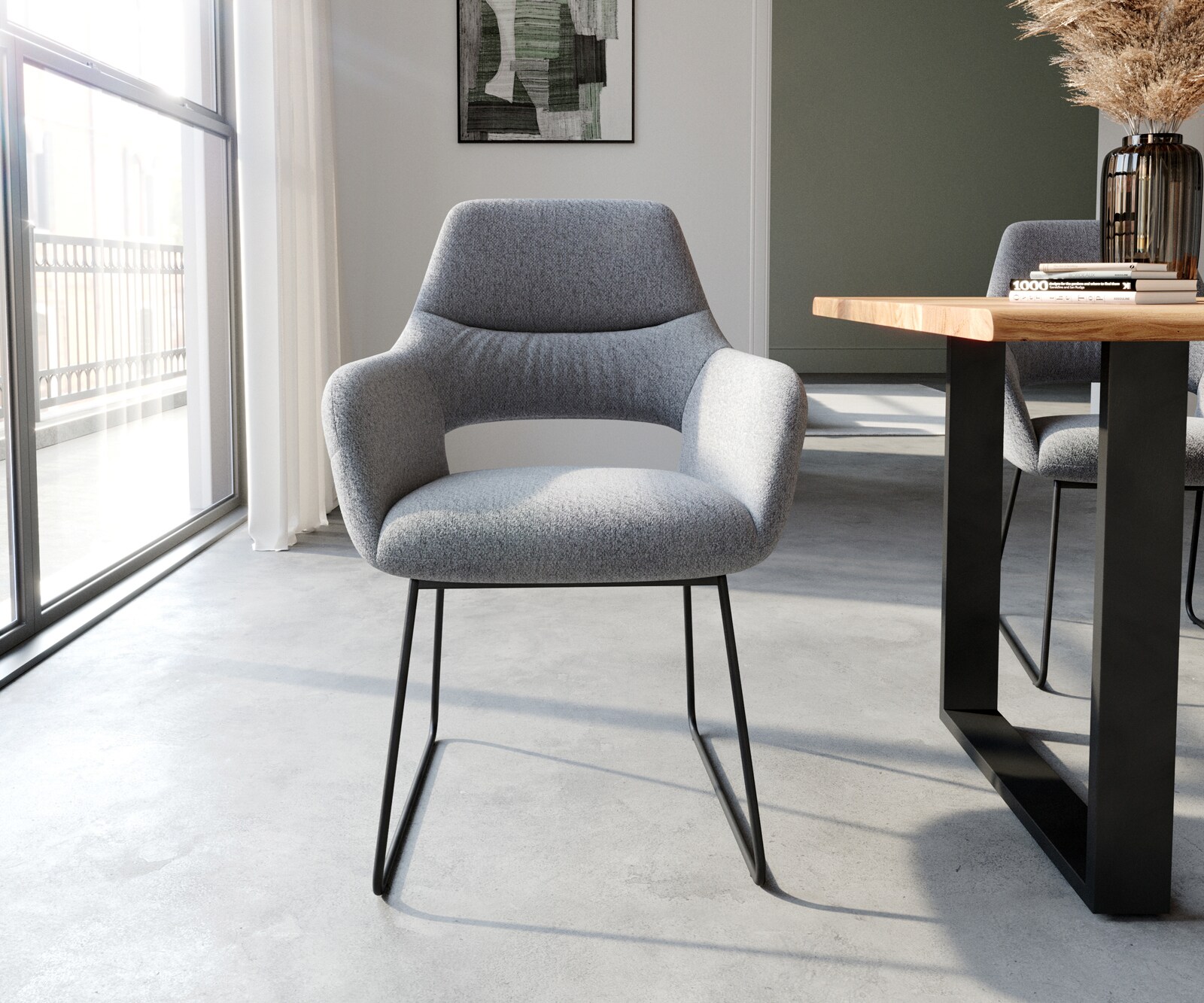 Eetkamerstoel Yago-Flex met armleuning structuurstof lichtgrijs slipframe zwart pocketveer kern 1 Eetkamerstoel Yago-Flex met armleuning structuurstof lichtgrijs slipframe zwart pocketveer kern 1