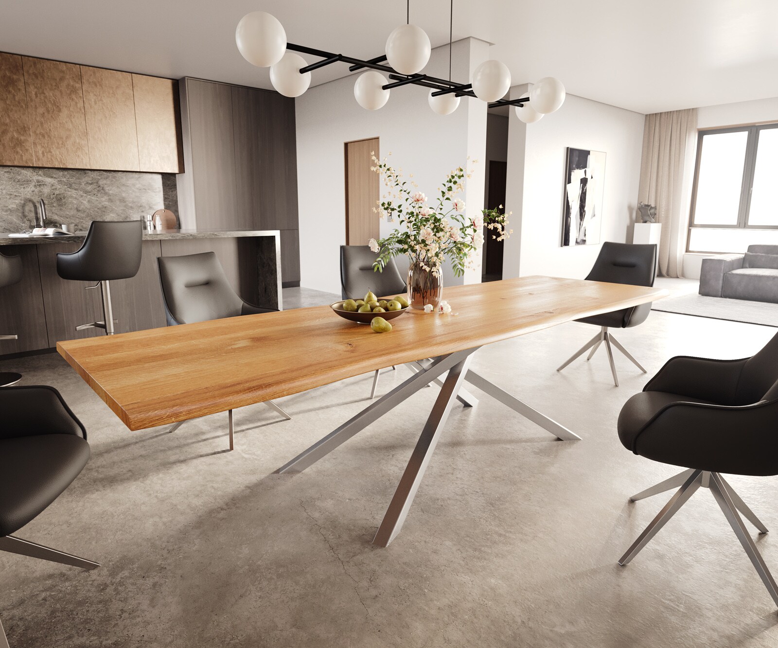 Eettafel Edge 300x100x4 eiken natuur kruisframe rechthoek RVS Live-Edge