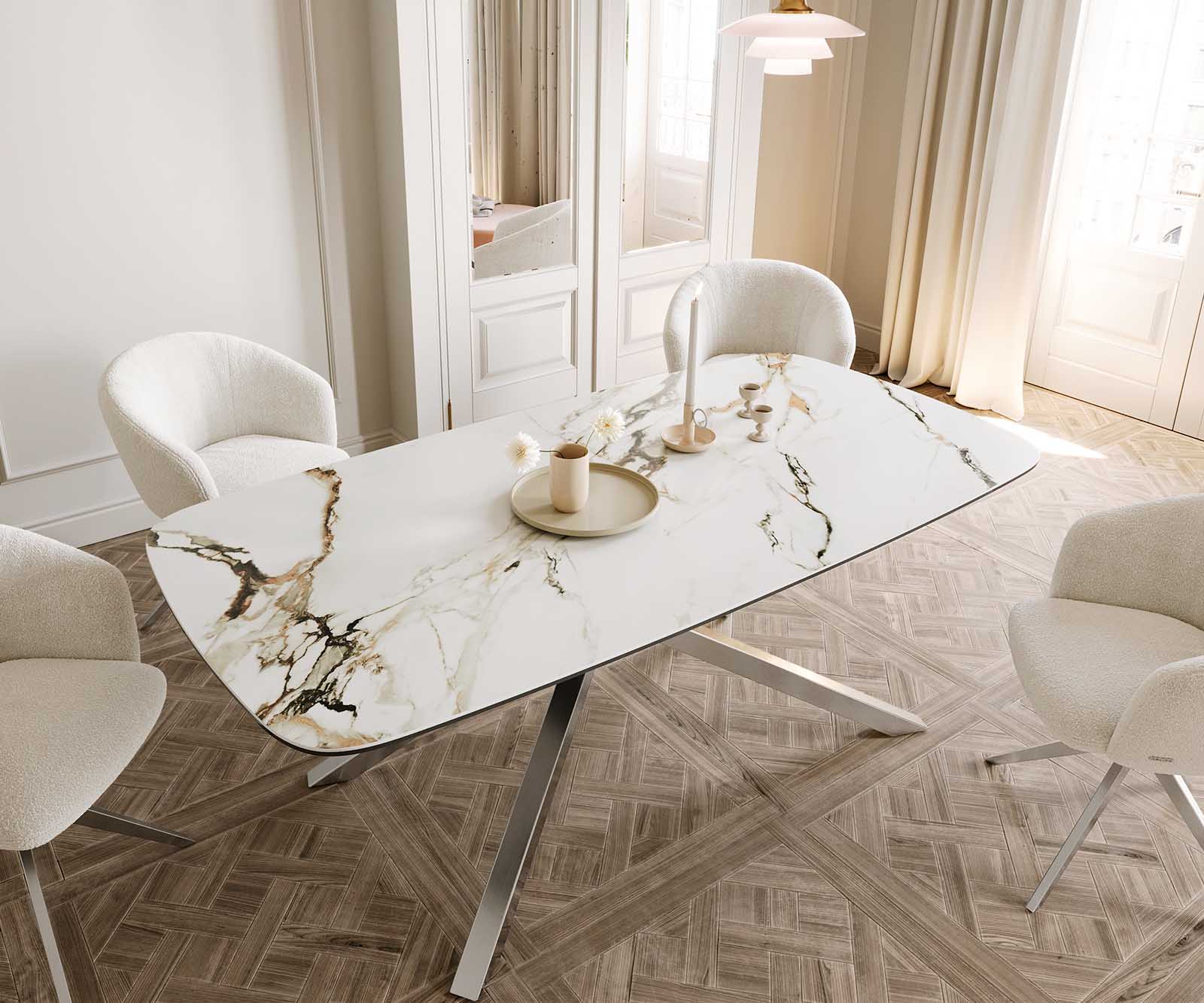 Eetkamertafel Edge Boot 200x100 keramiek Calacatta Luxe wit-goud-grijs kruisframe rechthoek RVS 4