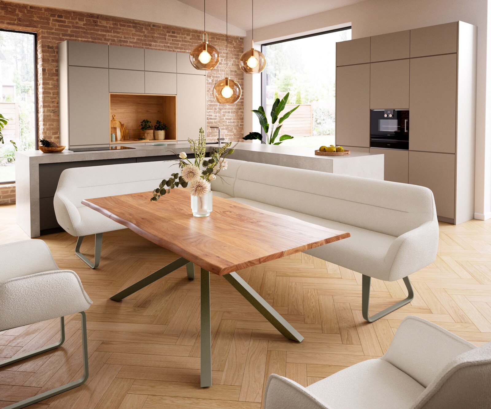 Eetkamerbank Taya-Flex 285x190 cm bouclé crème-wit platte sledebasis afwerking met titaniumeffect pocketvering rechts 1