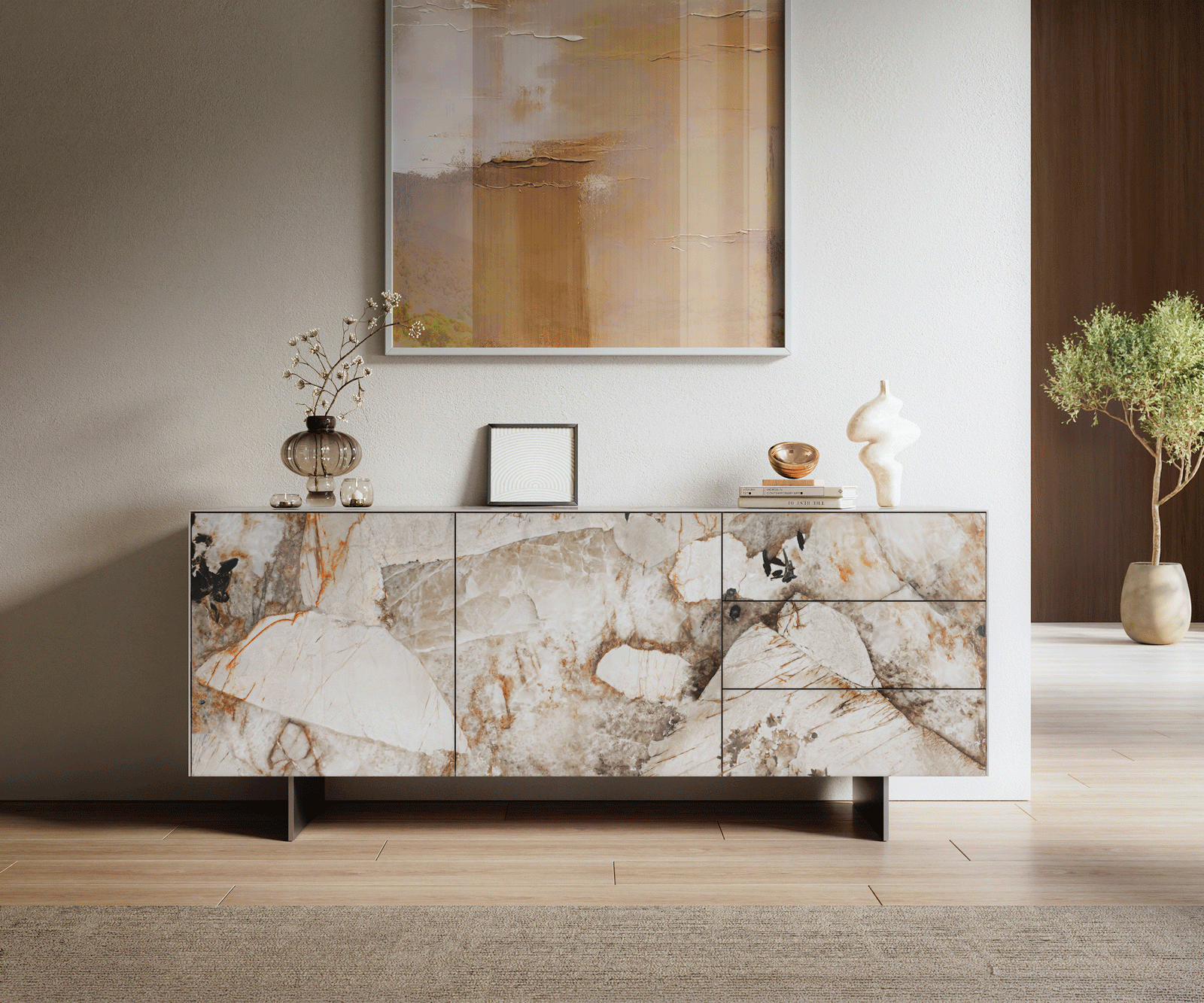 Dressoir Cuor 180 cm Keramiek Patagonia gepolijst 2 Deuren 3 Laden Zwevende voet look Roestvrij staal 2