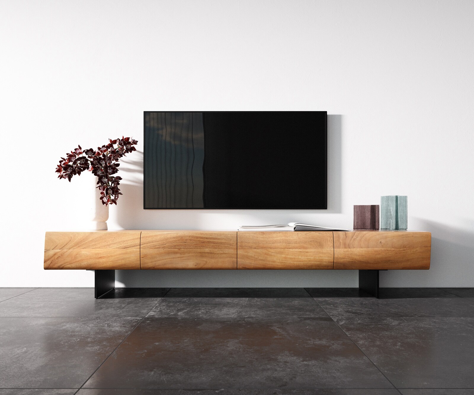 TV-meubel New Live-Edge 200 cm acacia naturel 4 deuren zwevende poot metaal zwart 3