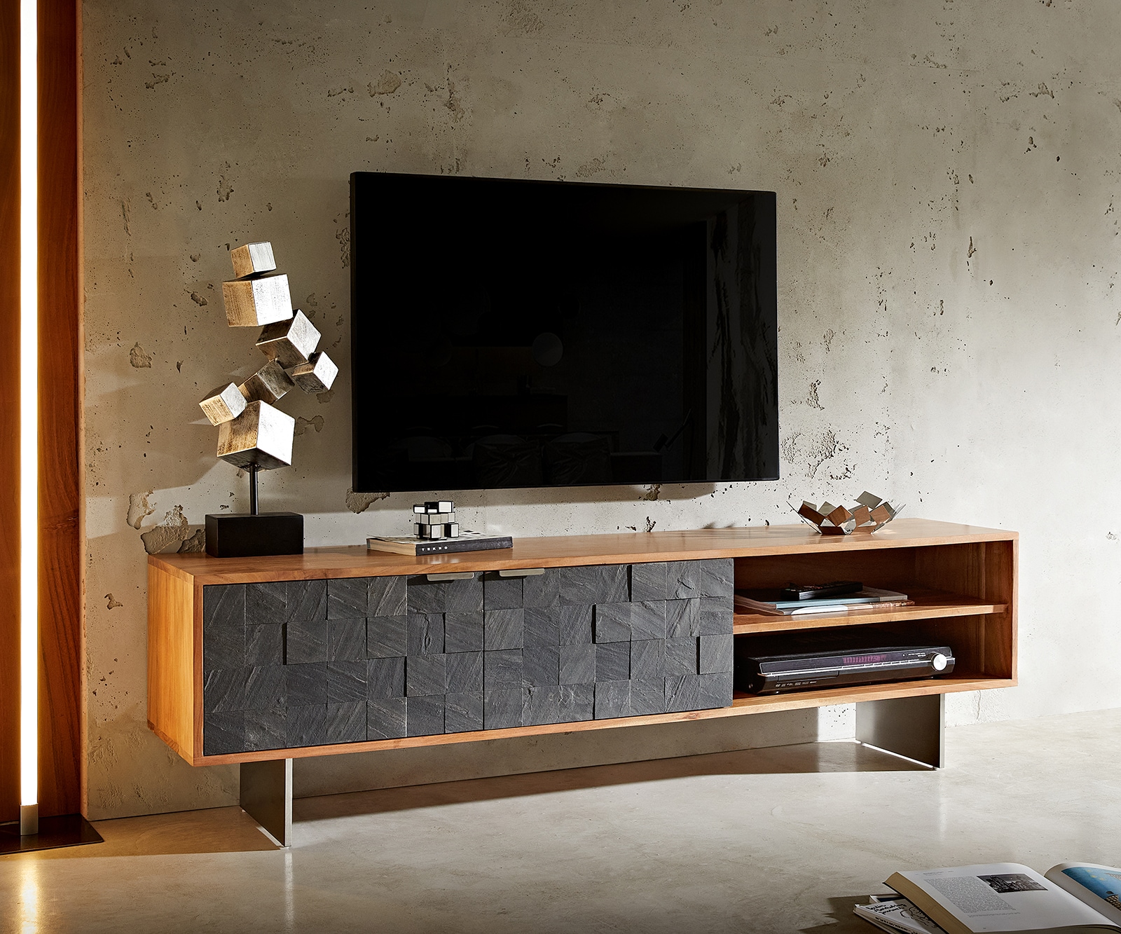 TV-meubel Teele 160 cm acacia natuur leisteen 2 deuren poot zwevend roestvrij staal 1