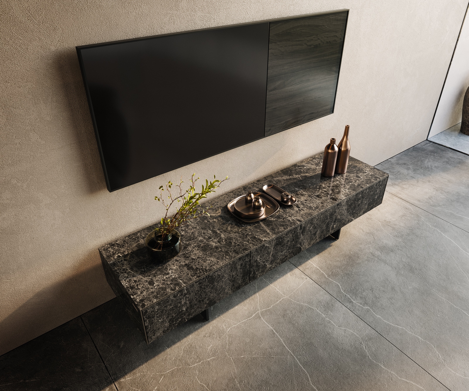 Tv-meubel Cuor 150 cm Keramiek Emperador Extra Lucidato Donkerbruin 1 Flap 1 Lade Zwevende voet look Metaal Zwart 3 Tv-meubel Cuor 150 cm Keramiek Emperador Extra Lucidato Donkerbruin 1 Flap 1 Lade Zwevende voet look Metaal Zwart 3
