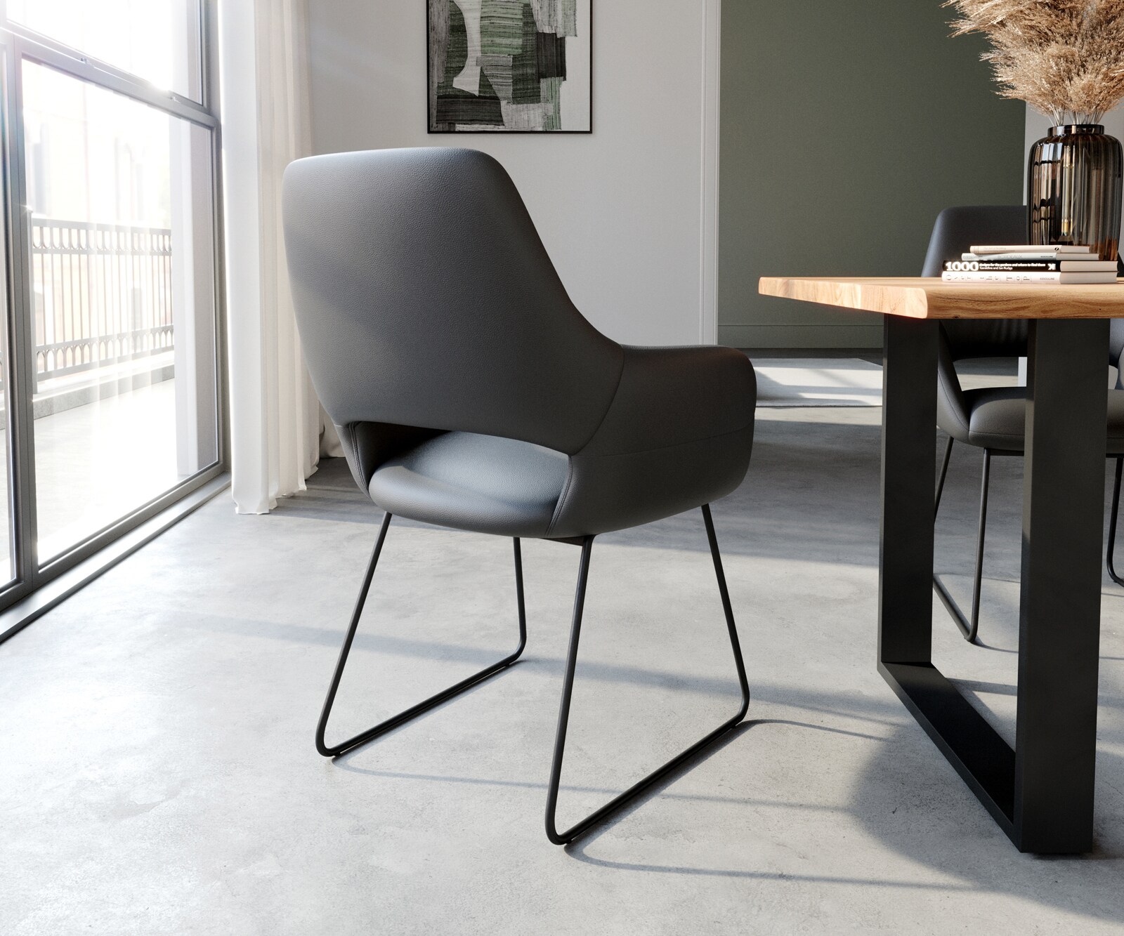 Eetkamerstoel Yago-Flex met armleuning echt leer zwart slipframe zwart pocketveer kern 4 Eetkamerstoel Yago-Flex met armleuning echt leer zwart slipframe zwart pocketveer kern 4