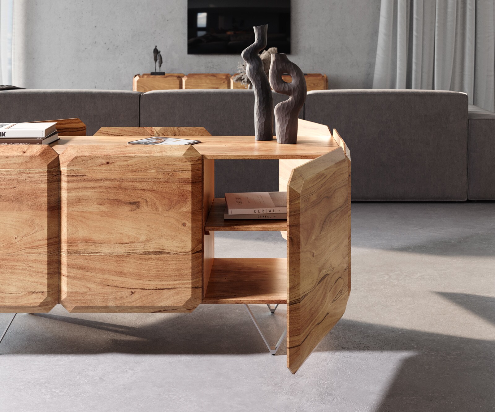 Sideboard Kiano 145 cm Acacia Natuur 3 Deuren V-voet Edelstaal Roomdivider 4 Sideboard Kiano 145 cm Acacia Natuur 3 Deuren V-voet Edelstaal Roomdivider 4