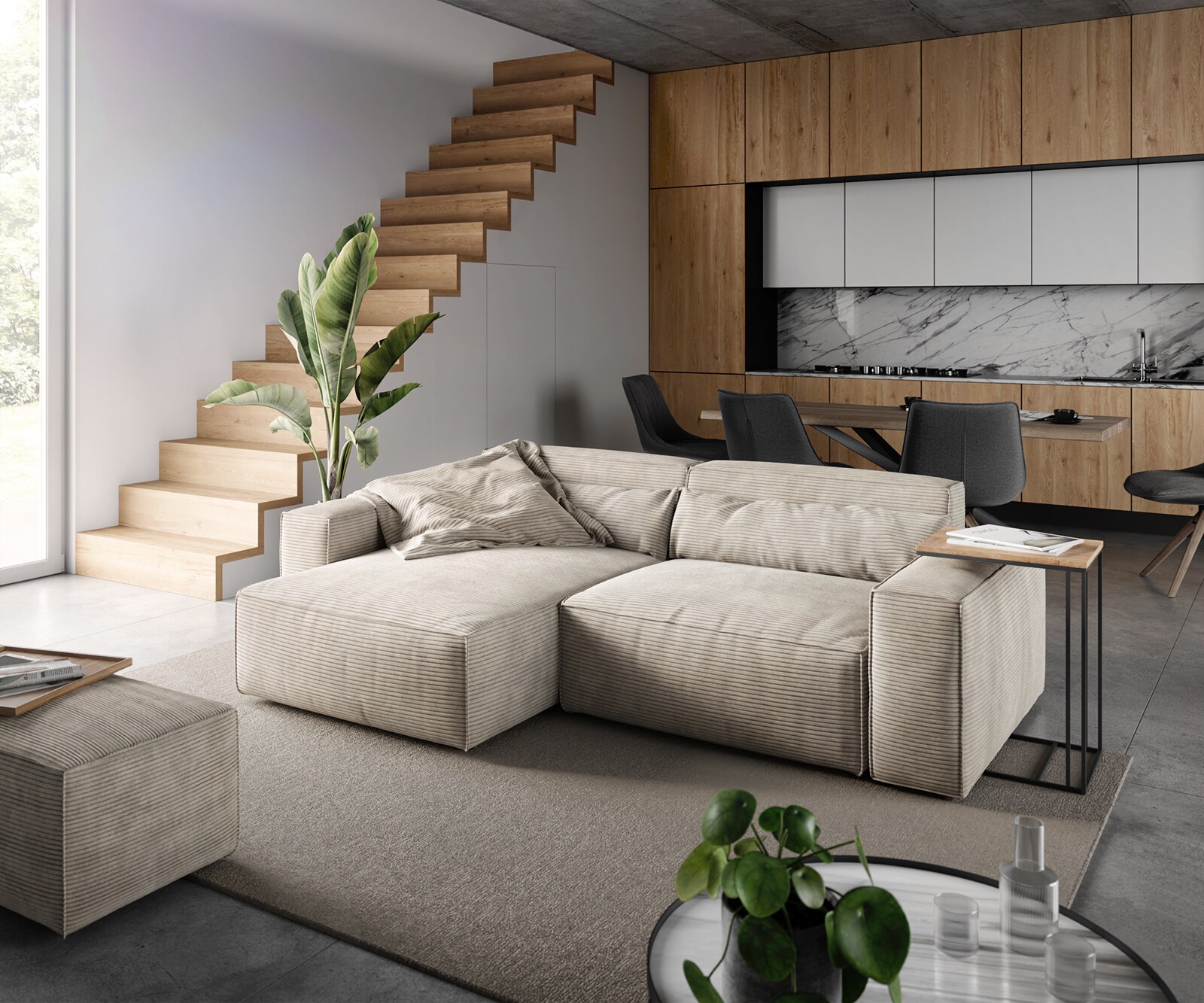 Hoekbank Sirpio 230x155 cm koord beige recamiere variabel met kruk