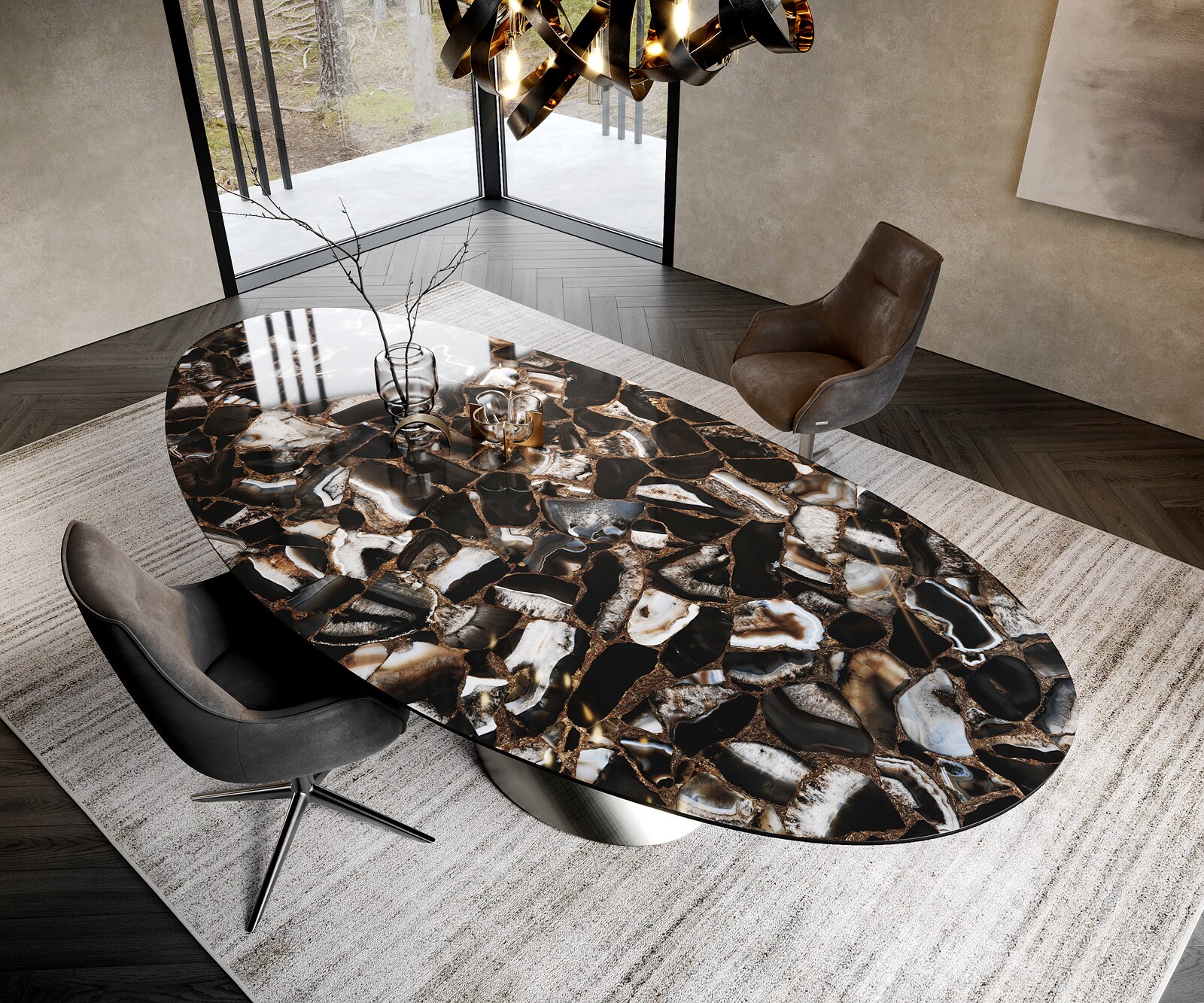 Eettafel Edge Oval 280x130 keramiek  Iris FMG Agatablack Cono metaal zilver 1