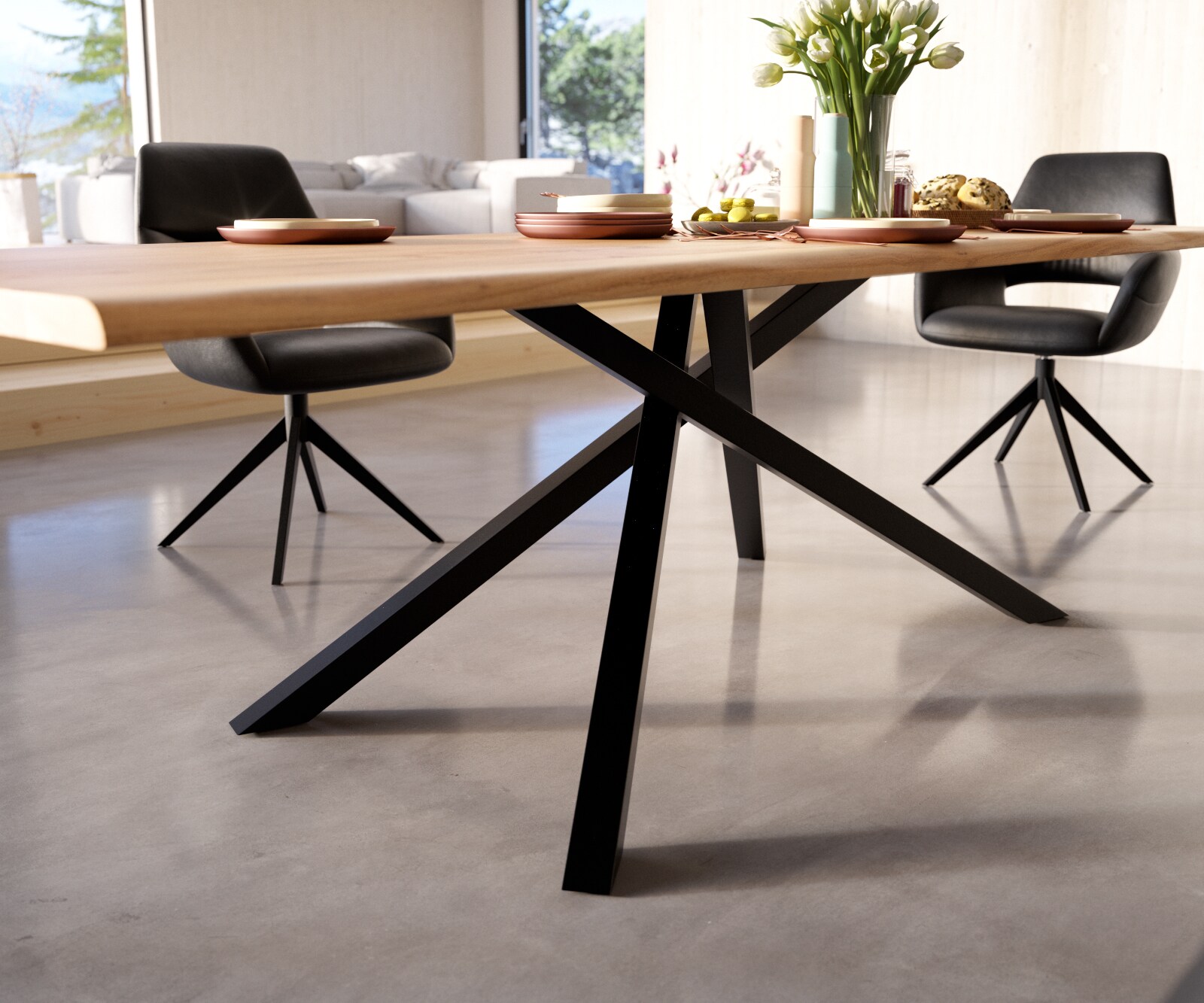Eettafel Edge 260x100 acacia natuur Kreuzframe rechthoek zwart Live-Edge 4