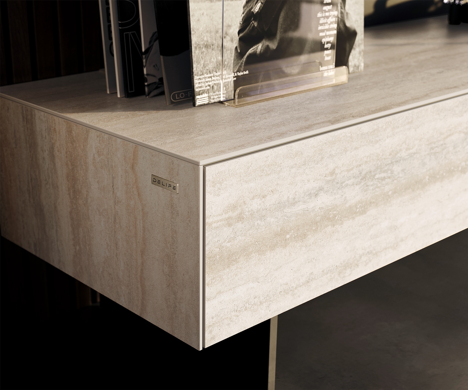 Tv-meubel Cuor 150 cm Keramiek Laminam® Travertino Bianco Crème-wit 1 Flap 1 Lade Zwevende voet look Metaal Zwart 6 Tv-meubel Cuor 150 cm Keramiek Laminam® Travertino Bianco Crème-wit 1 Flap 1 Lade Zwevende voet look Metaal Zwart 6