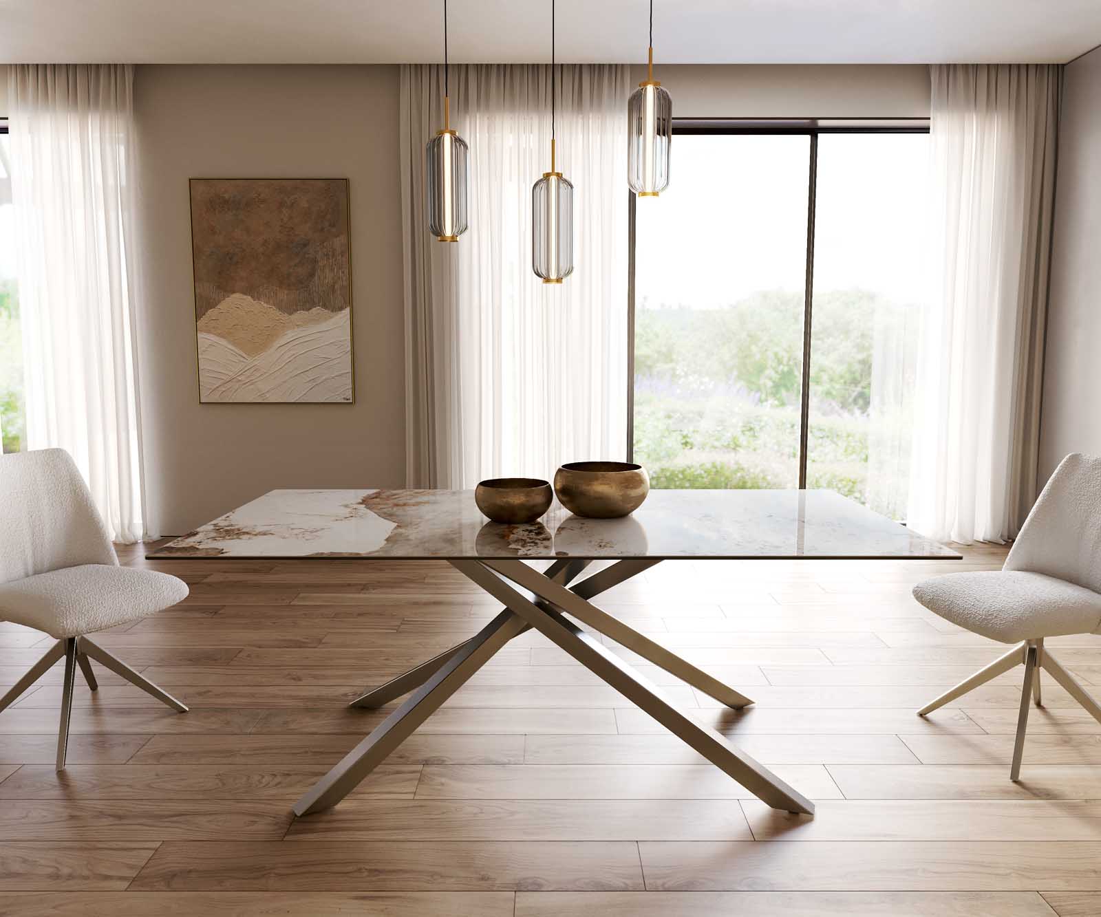 Eetkamertafel Edge 200x100 keramiek Minas Melange wit-beige kruisframe rechthoek RVS 2