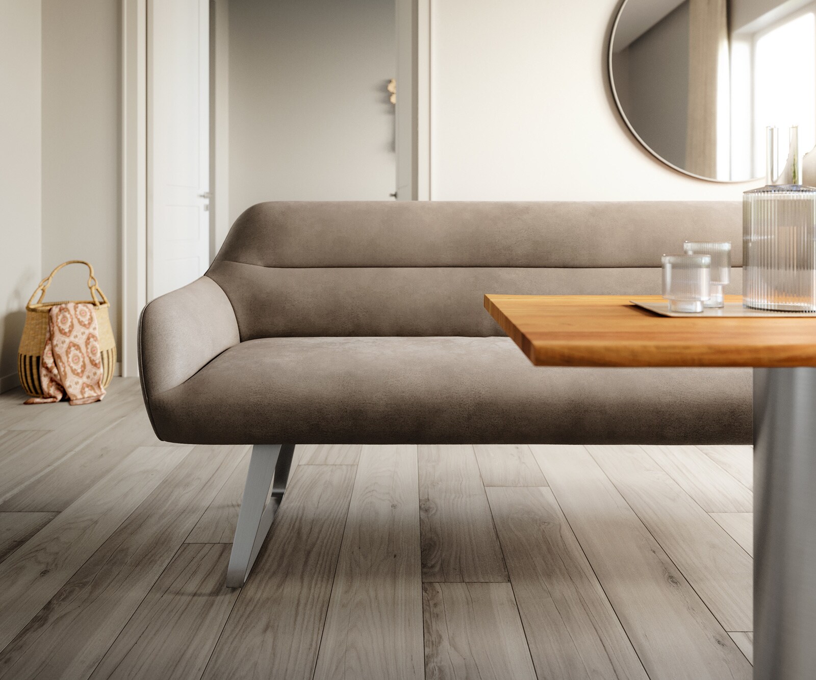 Eetkamerbank Taya-Flex 200 cm microvelours taupe vintage platte sledebasis roestvrij staal pocketvering 1