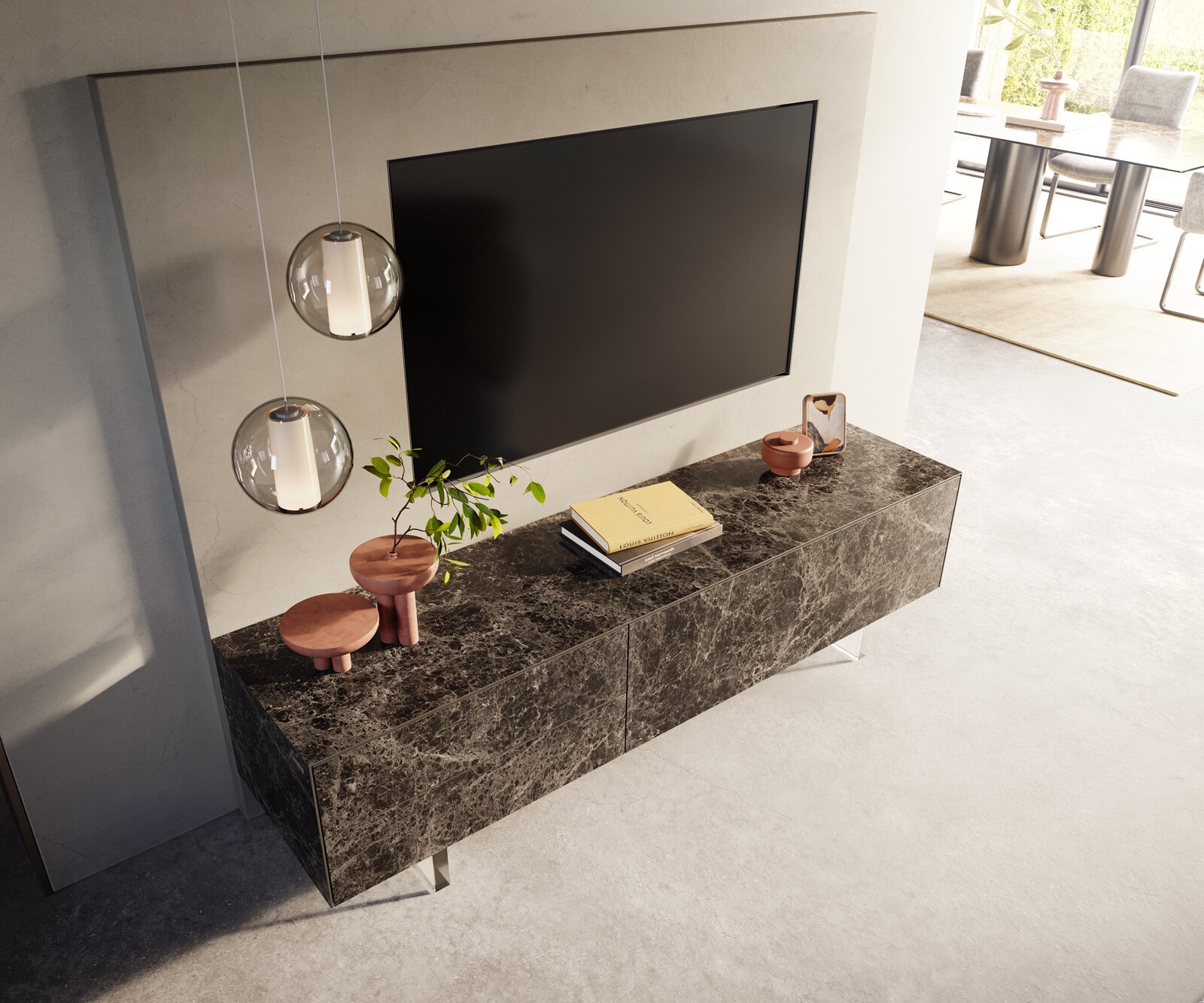 Tv-meubel Cuor 180 cm Keramiek Laminam® Emperador Extra Lucidato Donkerbruin 1 Flap 2 Laden Zwevende voet look Acrylglas 4