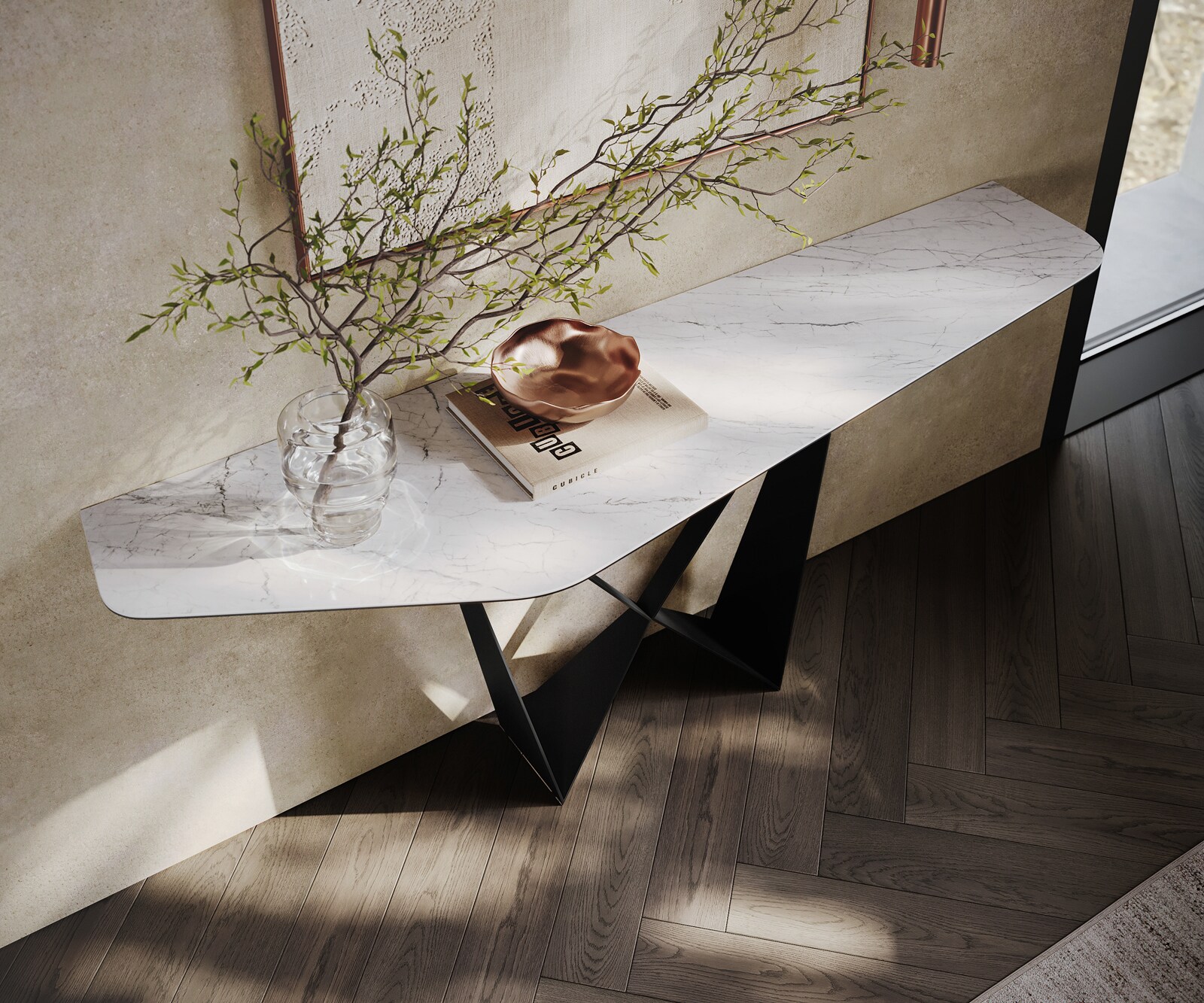 Consoletafel Edge Polygonaal 180x50 cm Keramiek Laminam® Statuarietto Weiß Spios Metaal Zwart 2