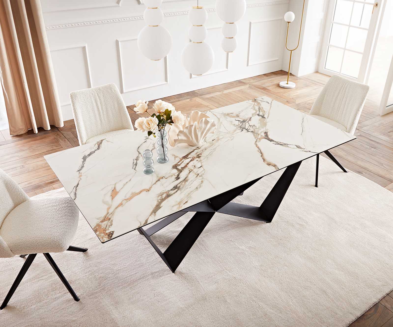 Eetkamertafel Edge 200x100 keramiek Calacatta Luxe wit-goud-grijs spider vlak staal zwart 6 Eetkamertafel Edge 200x100 keramiek Calacatta Luxe wit-goud-grijs spider vlak staal zwart 6