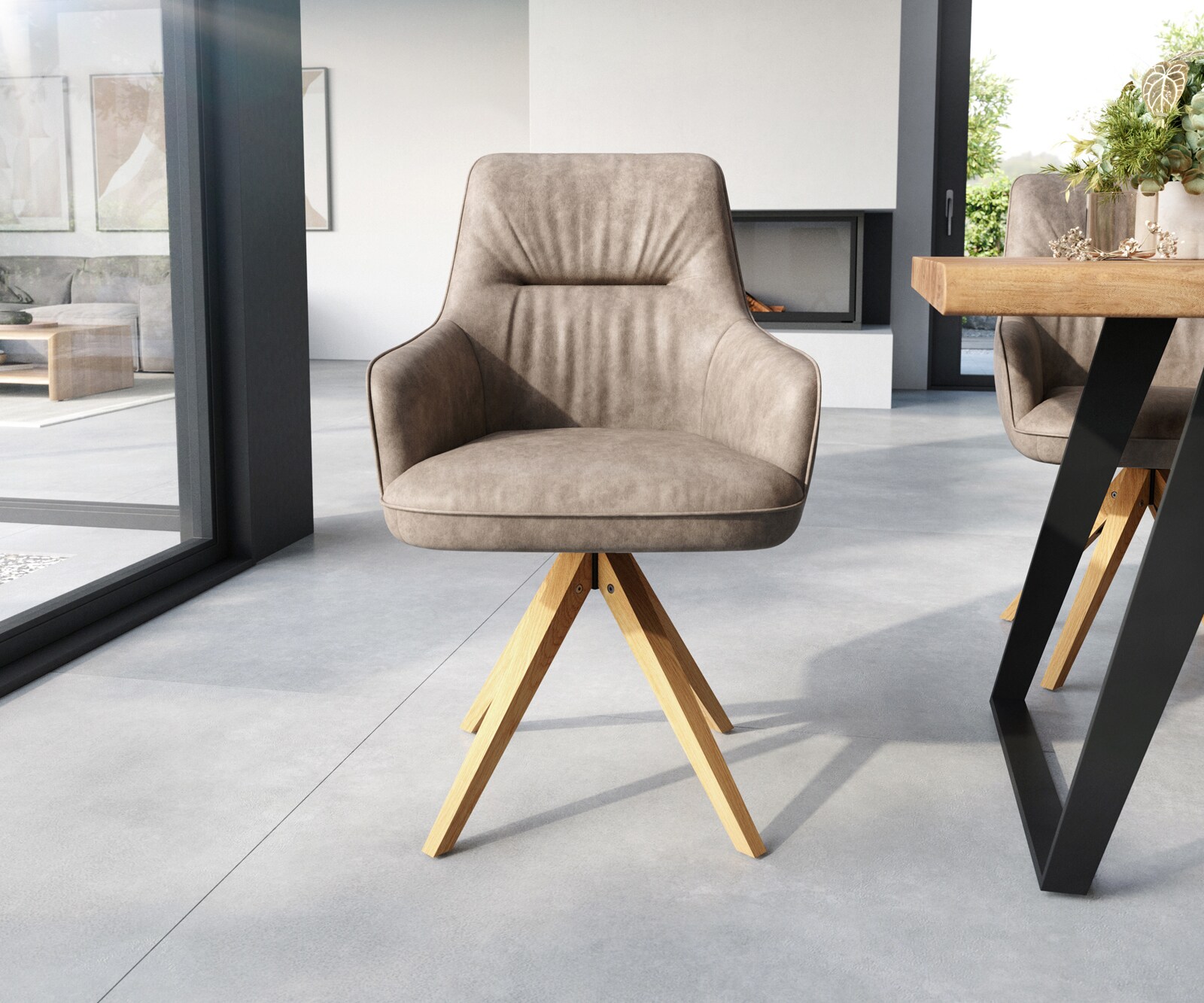 Eetkamerstoel Zelia-Flex met armleuning microvelours taupe vintage houten frame hoekig natuur pocketveer kern 1