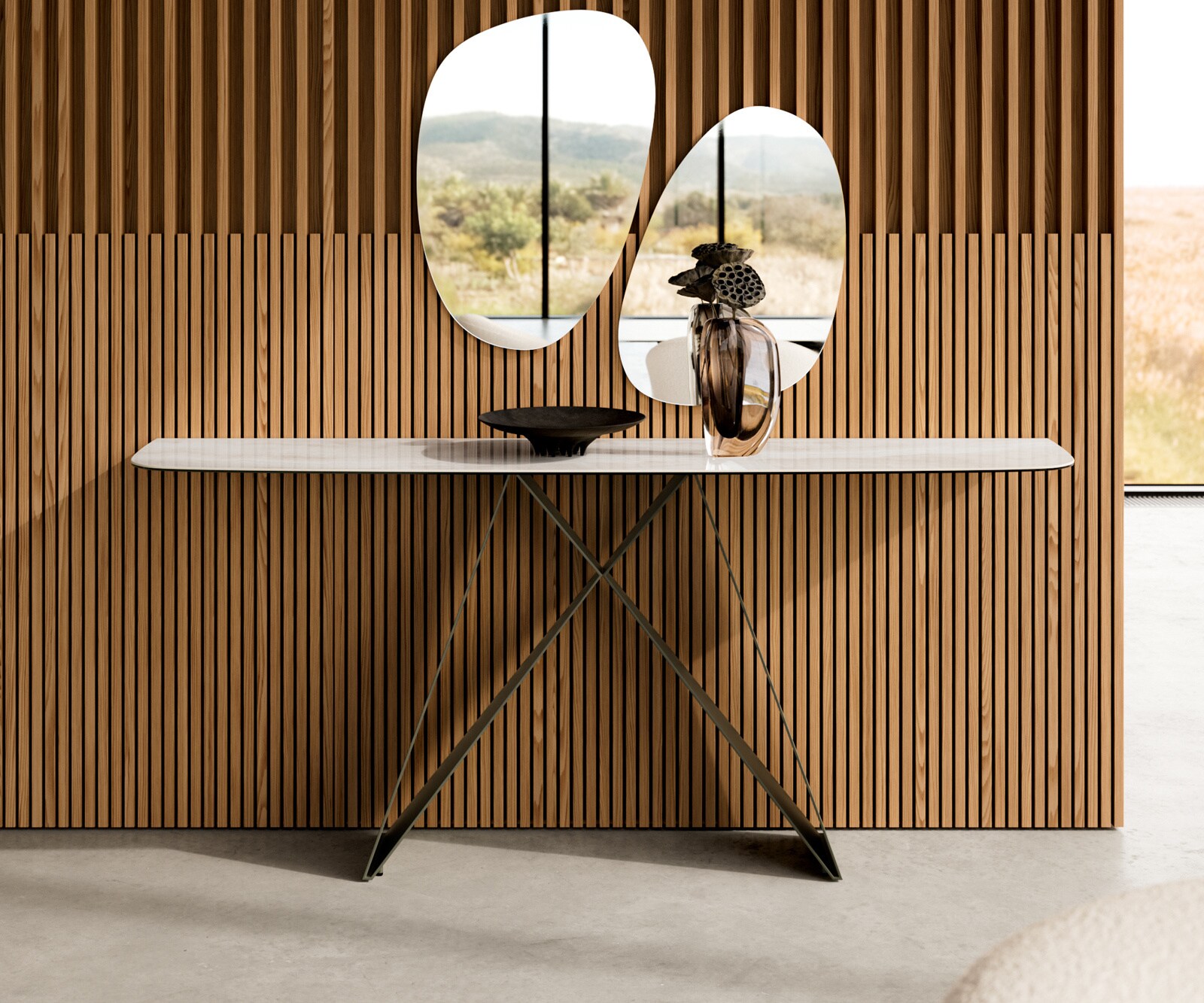 Consoletafel Edge Bootvorm 180x40 cm Keramiek Onyx Champagne Velio Metaal Effektfinish Titan 1