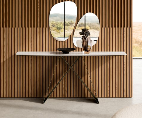 Consoletafel Edge Bootvorm 180x40 cm Keramiek Onyx Champagne Velio Metaal Effektfinish Titan