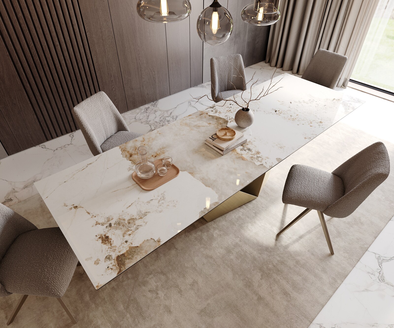Eettafel Edge 300x100 keramiek  Minas Melange wit-beige  Prisma metaal goud 4