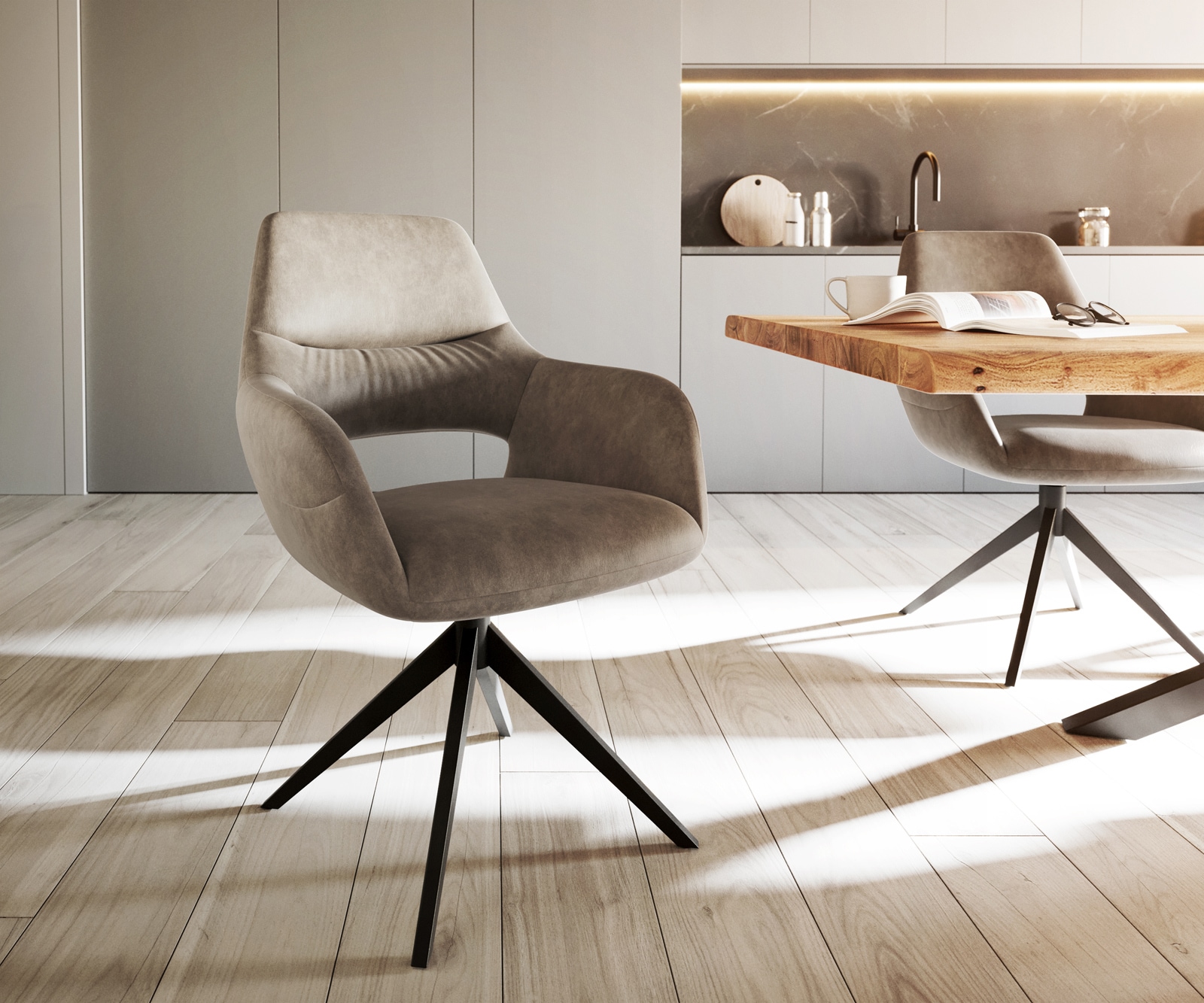 Eetkamerstoel Yago-Flex met armleuning microvelours taupe vintage kruisframe breed zwart pocketveer kern Eetkamerstoel Yago-Flex met armleuning microvelours taupe vintage kruisframe breed zwart pocketveer kern