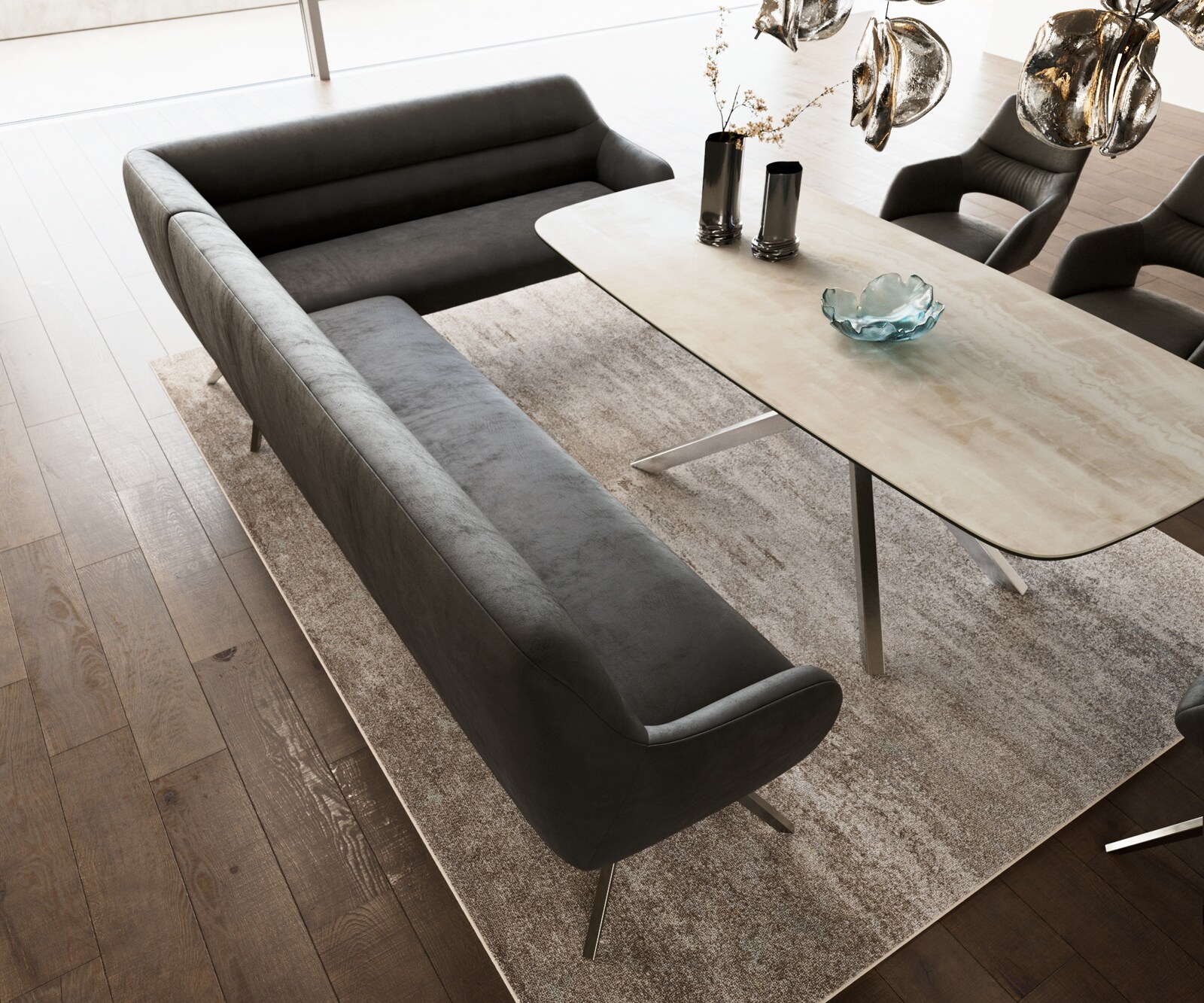 Eetkamerbank Taya-Flex 285x190 cm microvelours anthraciet vintage hoekig kruisframe roestvrij staal pocketvering links 4