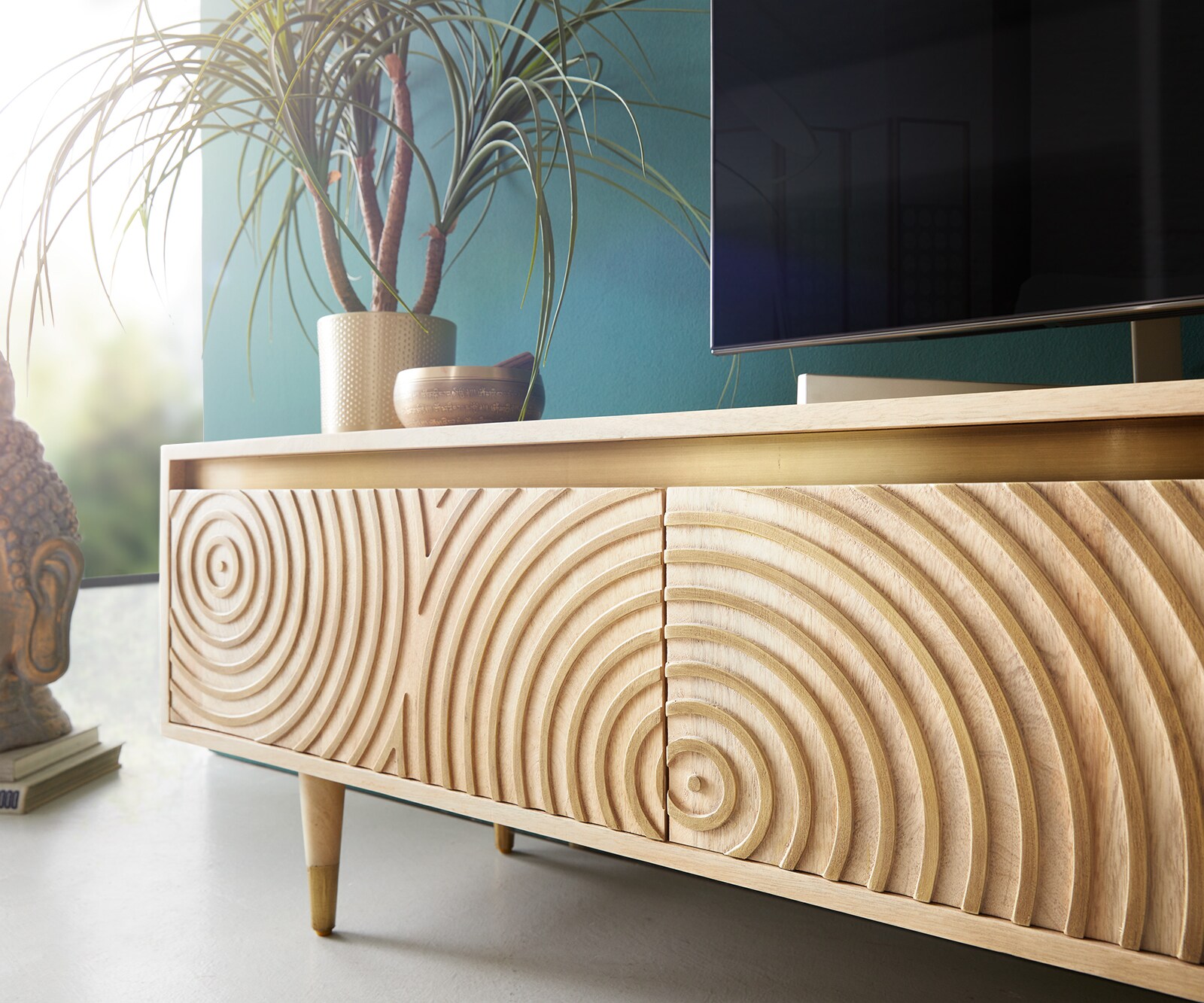 Tv-meubel Budaya 220 cm Mango natuur 4 deurs rond frame 3 Tv-meubel Budaya 220 cm Mango natuur 4 deurs rond frame 3