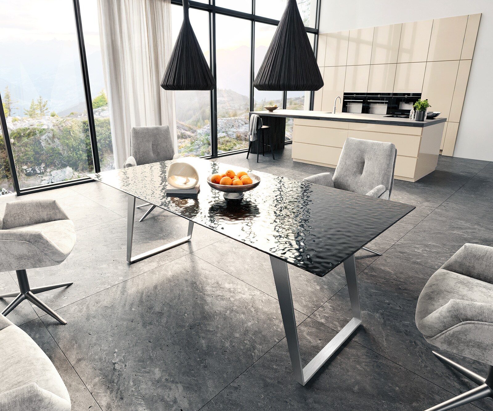 Eetkamertafel Edge 200x100 Glas smelten rokerig zwart 3D-Relief RVS schuin
