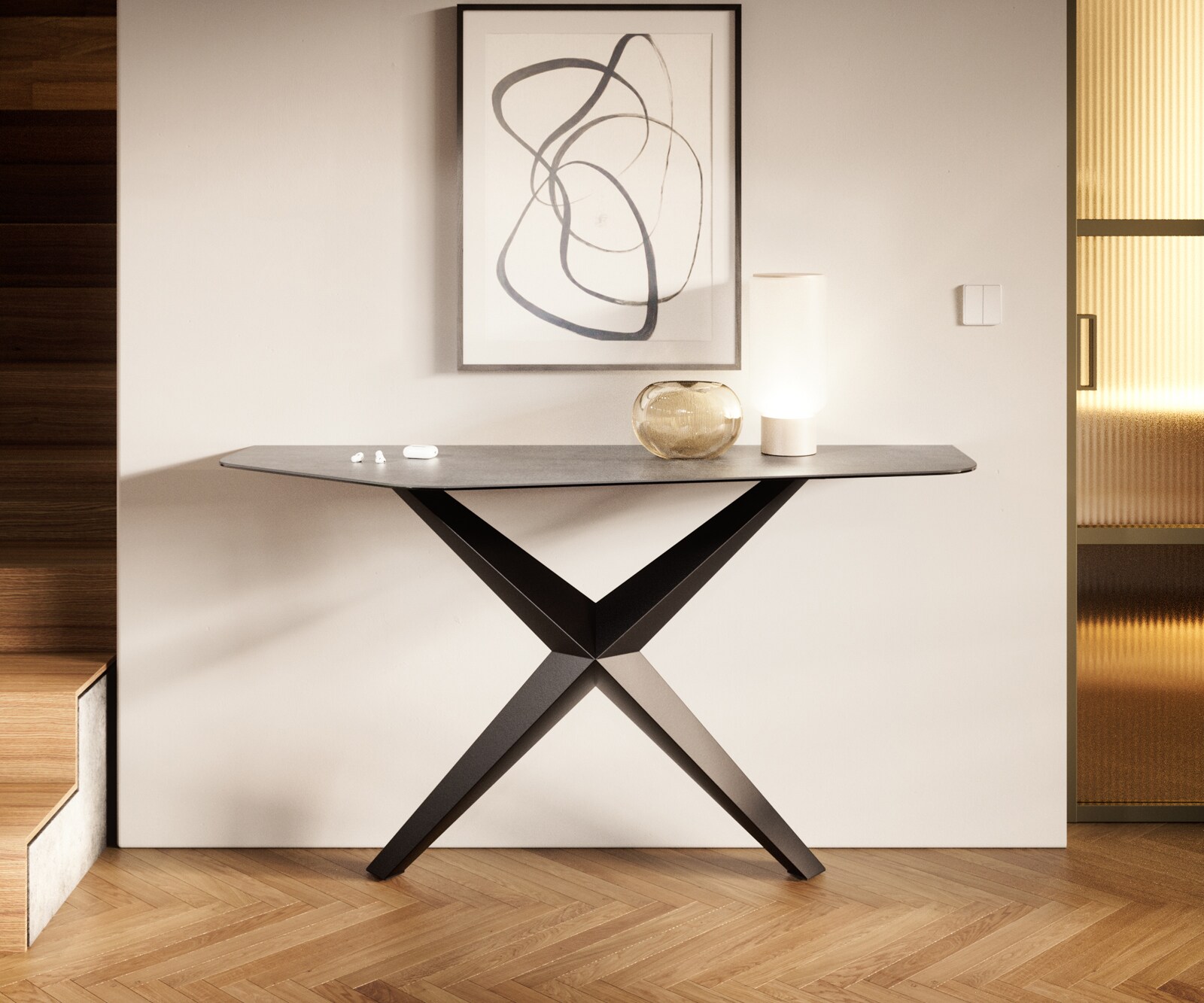 Consoletafel Edge Polygonaal 140x50 cm Keramiek Betongrijs Zentharo Metaal Zwart 1