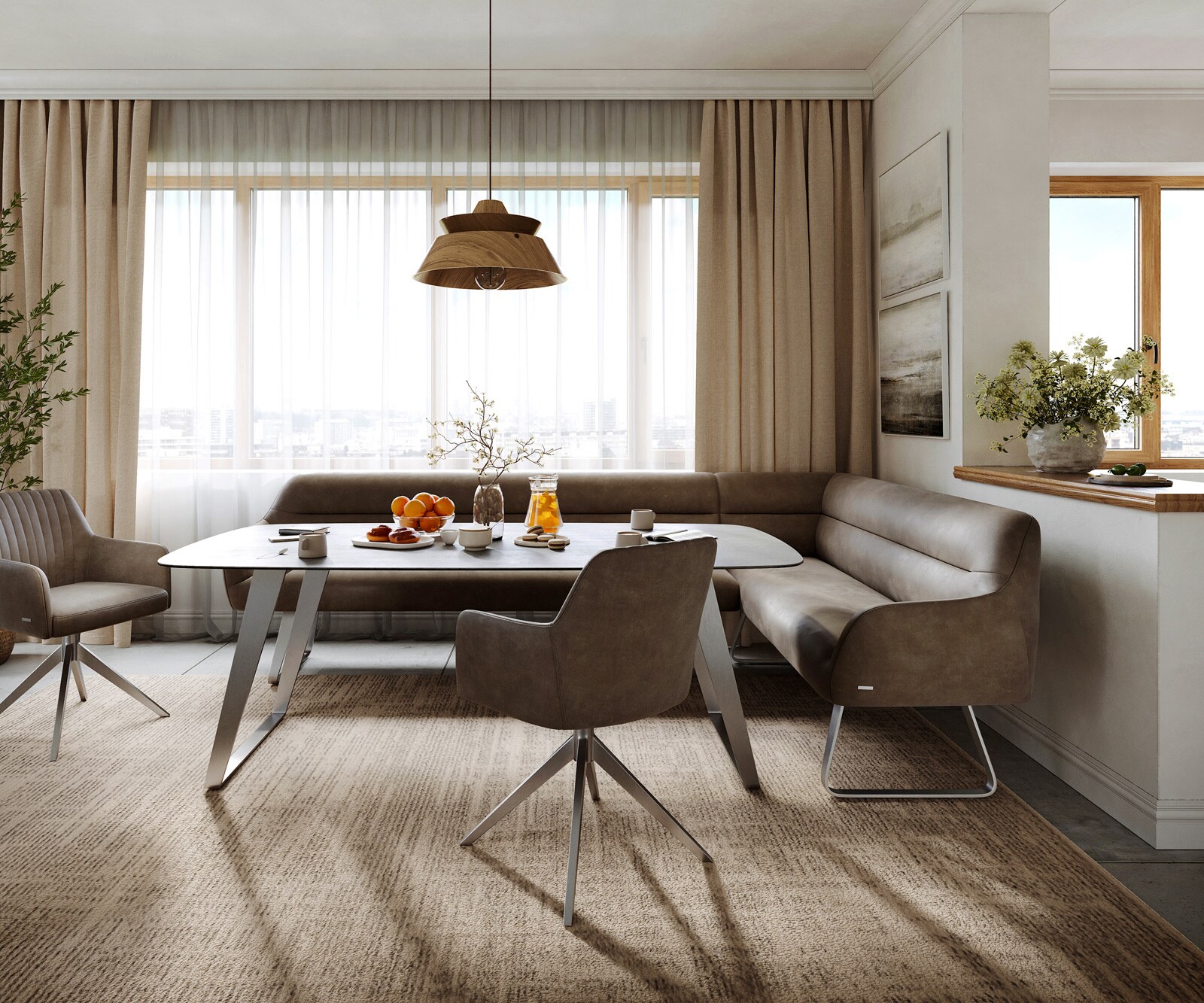 Eetkamerbank Taya-Flex 285x190 cm microvelours taupe vintage platte sledebasis roestvrij staal pocketvering links 2