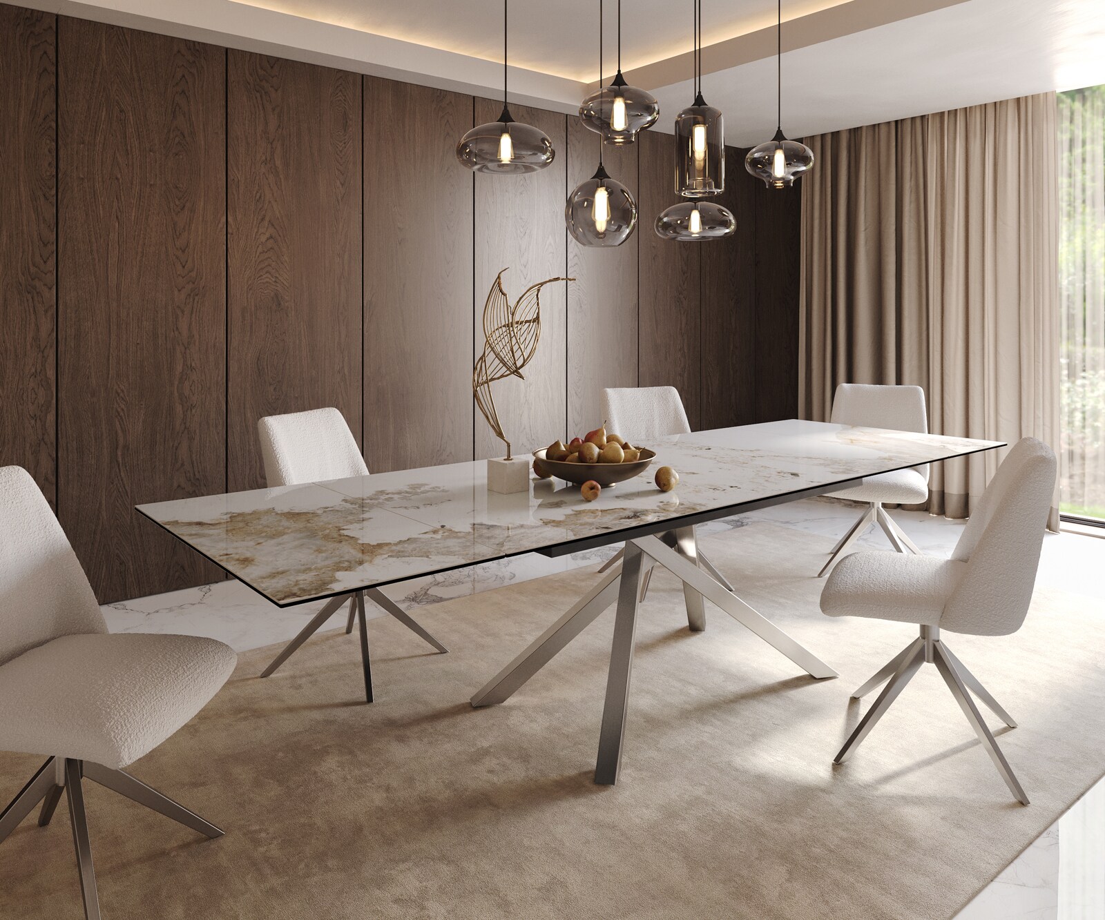 Eetkamertafel Edge 200-300x100 keramiek Minas Melange wit-beige kruisframe rechthoek RVS uitschuifbaar