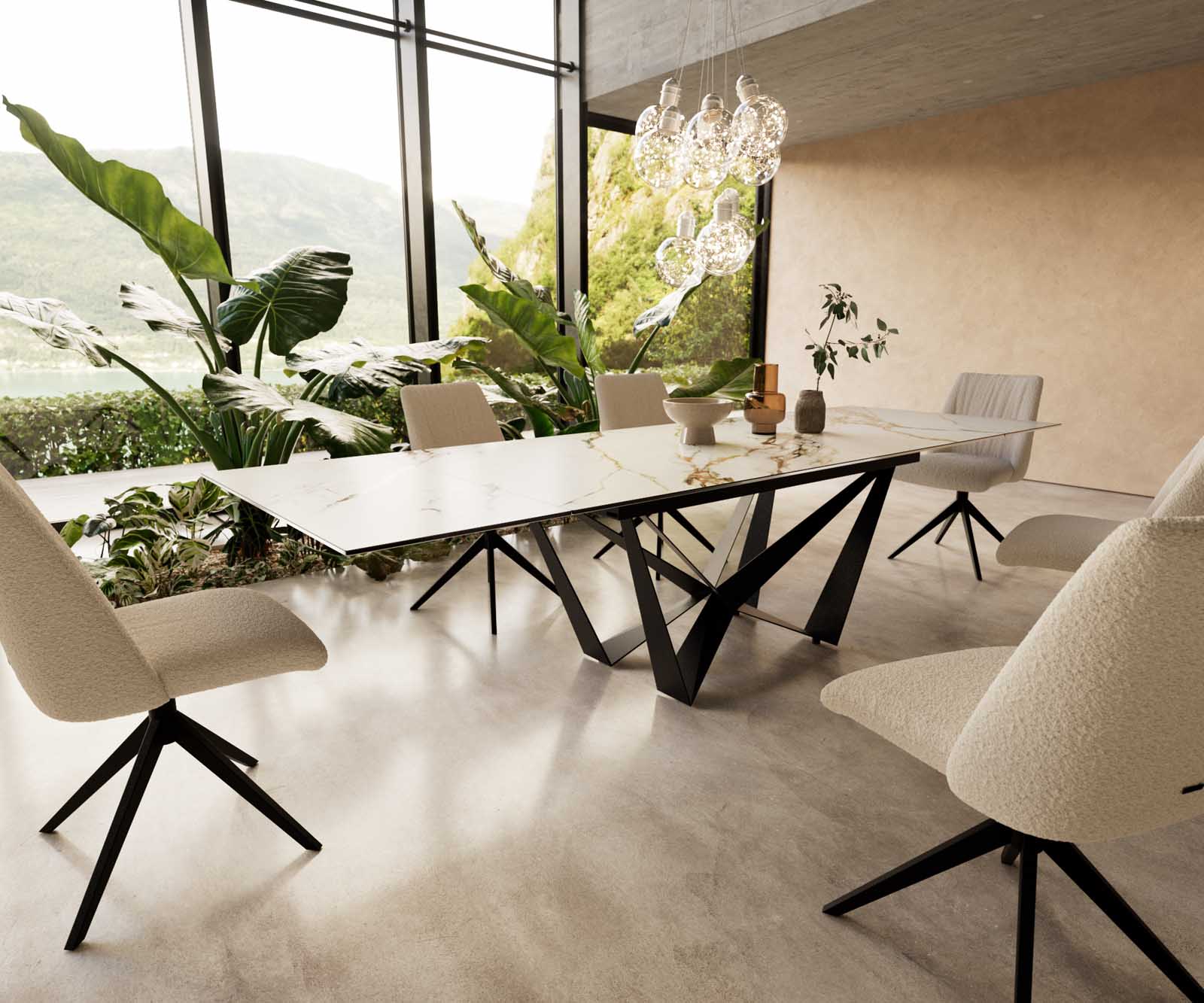 Eetkamertafel Edge 200-300x100 keramiek Calacatta Luxe wit-goud-grijs spider vlak staal zwart uitschuifbaar