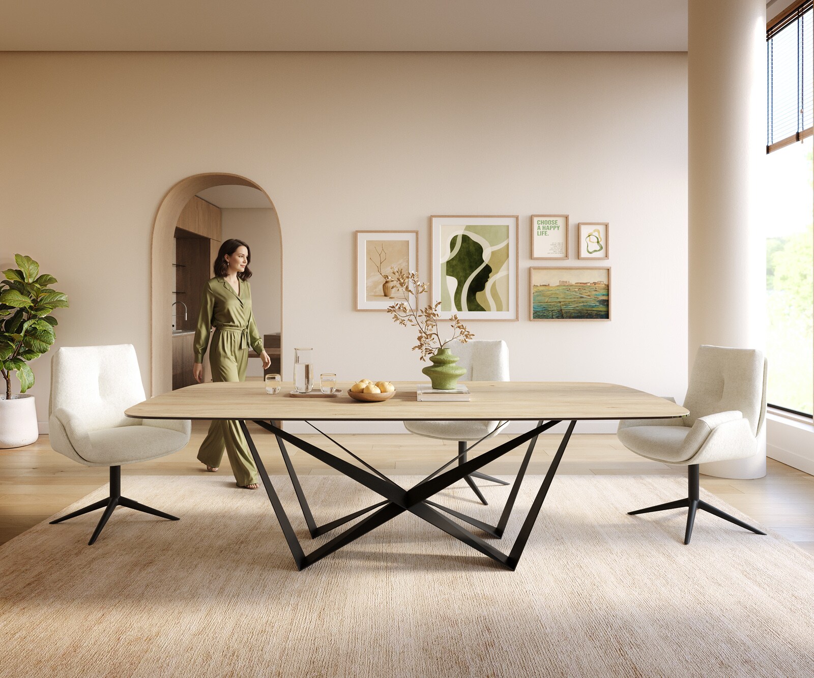 Eettafel Edge Boot 240x120 cm Keramiek Laminam® Sabbia Eichefarbig Spider Flachstahl Zwart