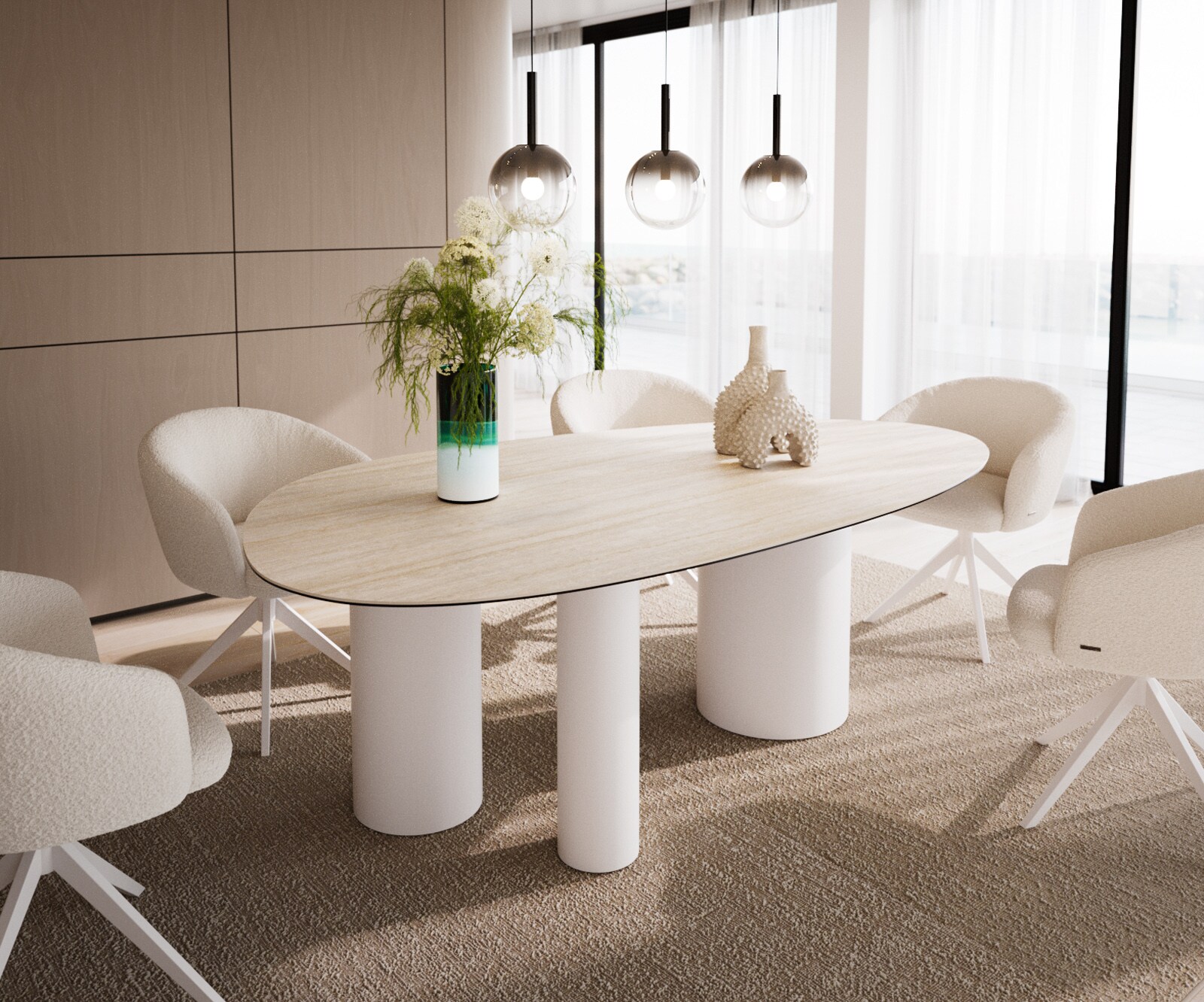 Eettafel Edge Oval 220x120 keramiek  Laminam® Travertino Bianco Creme-wit Troa metaal wit