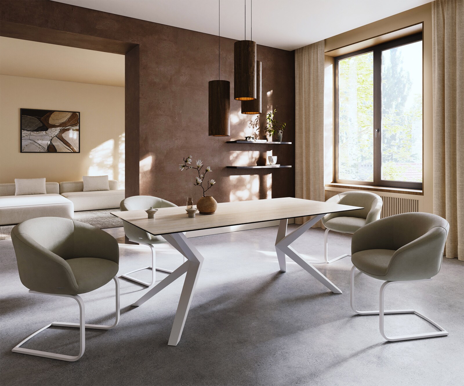 Eettafel Edge 200x100 keramiek  Laminam® Travertino Bianco Creme-wit Zenthara kantig metaal wit 6