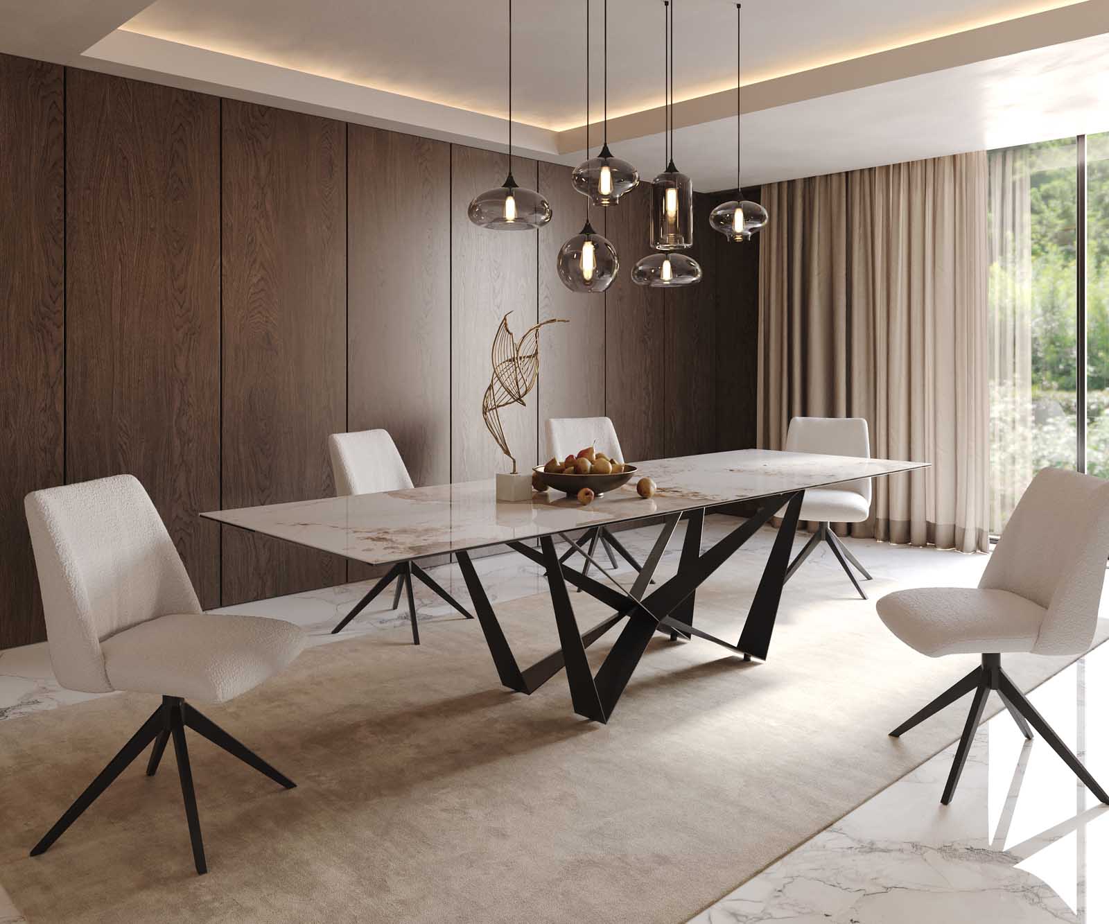 Eetkamertafel Edge 300x100 keramiek Minas Melange wit-beige spider vlak staal zwart 8