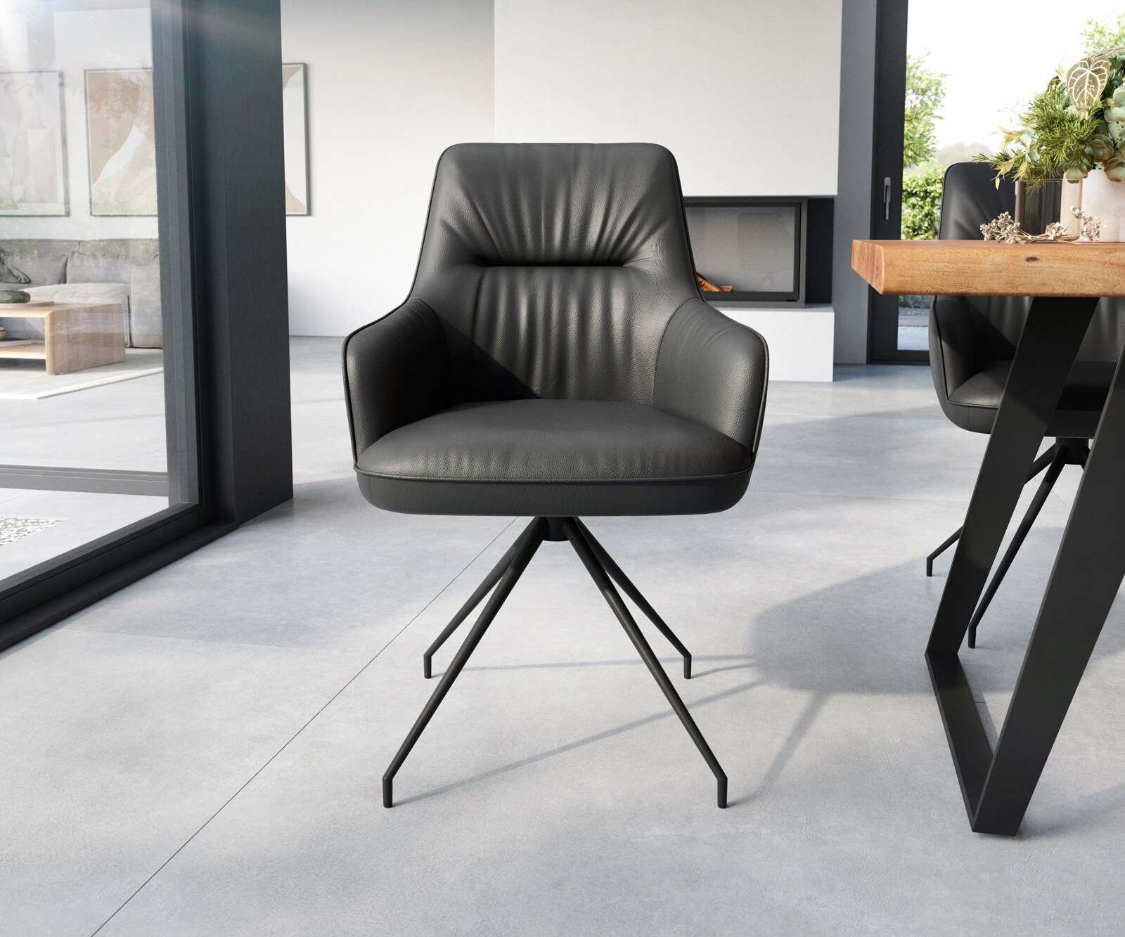 Eetkamerstoel Zelia-Flex met armleuning echt leer zwart kruisframe conisch zwart pocketveer kern 1 Eetkamerstoel Zelia-Flex met armleuning echt leer zwart kruisframe conisch zwart pocketveer kern 1