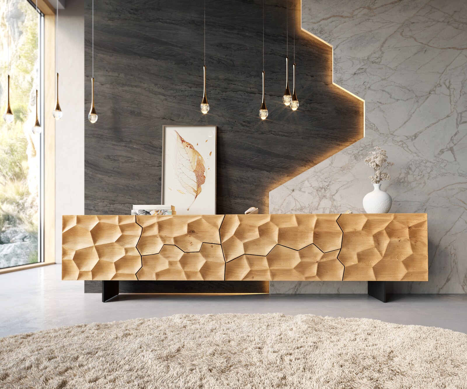 Tv-meubel Solu 220 cm natuurlijk eiken 2 deuren 4 laden onderstel zwevend metaal zwart 3D front 1