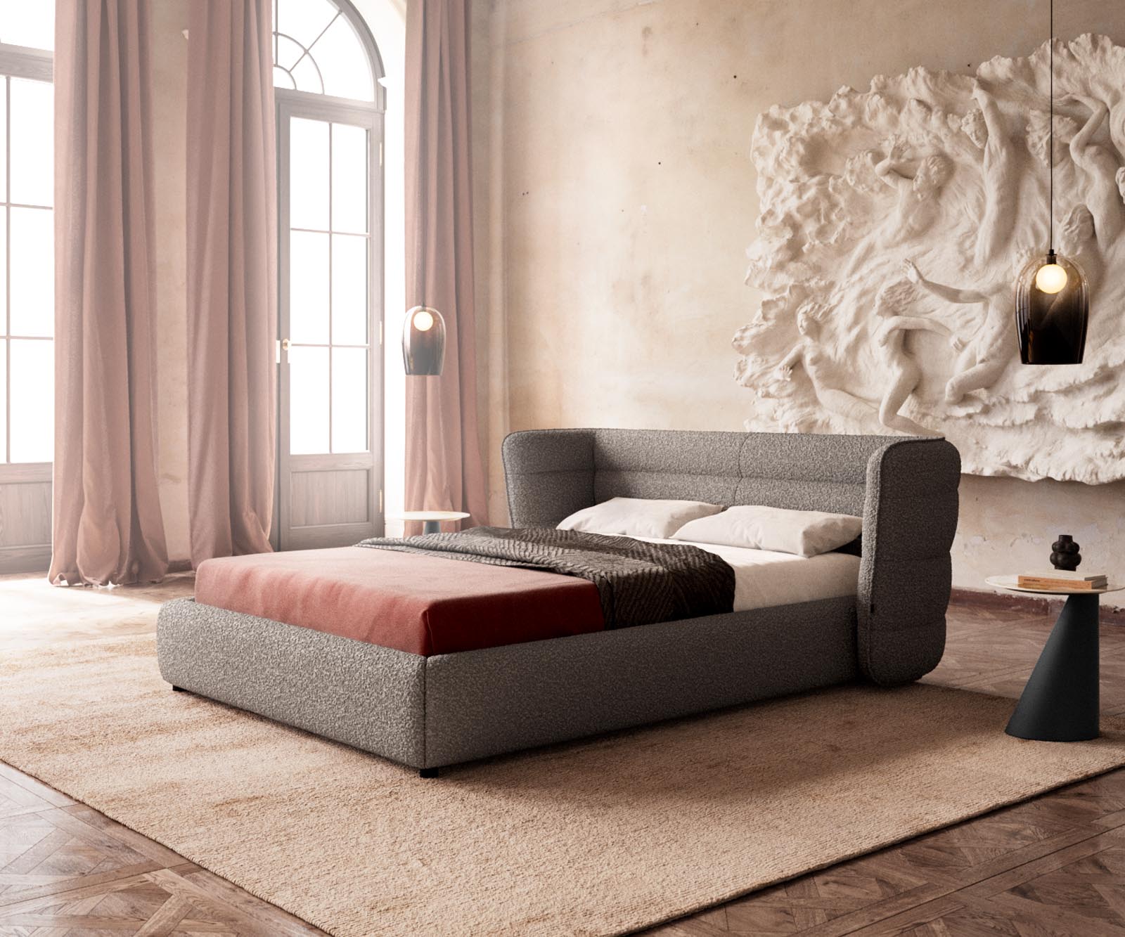 Simea 140x200 cm bouclé zilvergrijs gestoffeerd bedframe Simea 140x200 cm bouclé zilvergrijs gestoffeerd bedframe