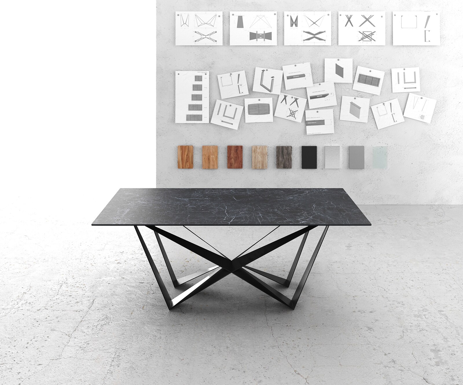 Eettafel Edge 200x100cm Laminam® keramiek grijs middenpoot vlak staal zwart 1