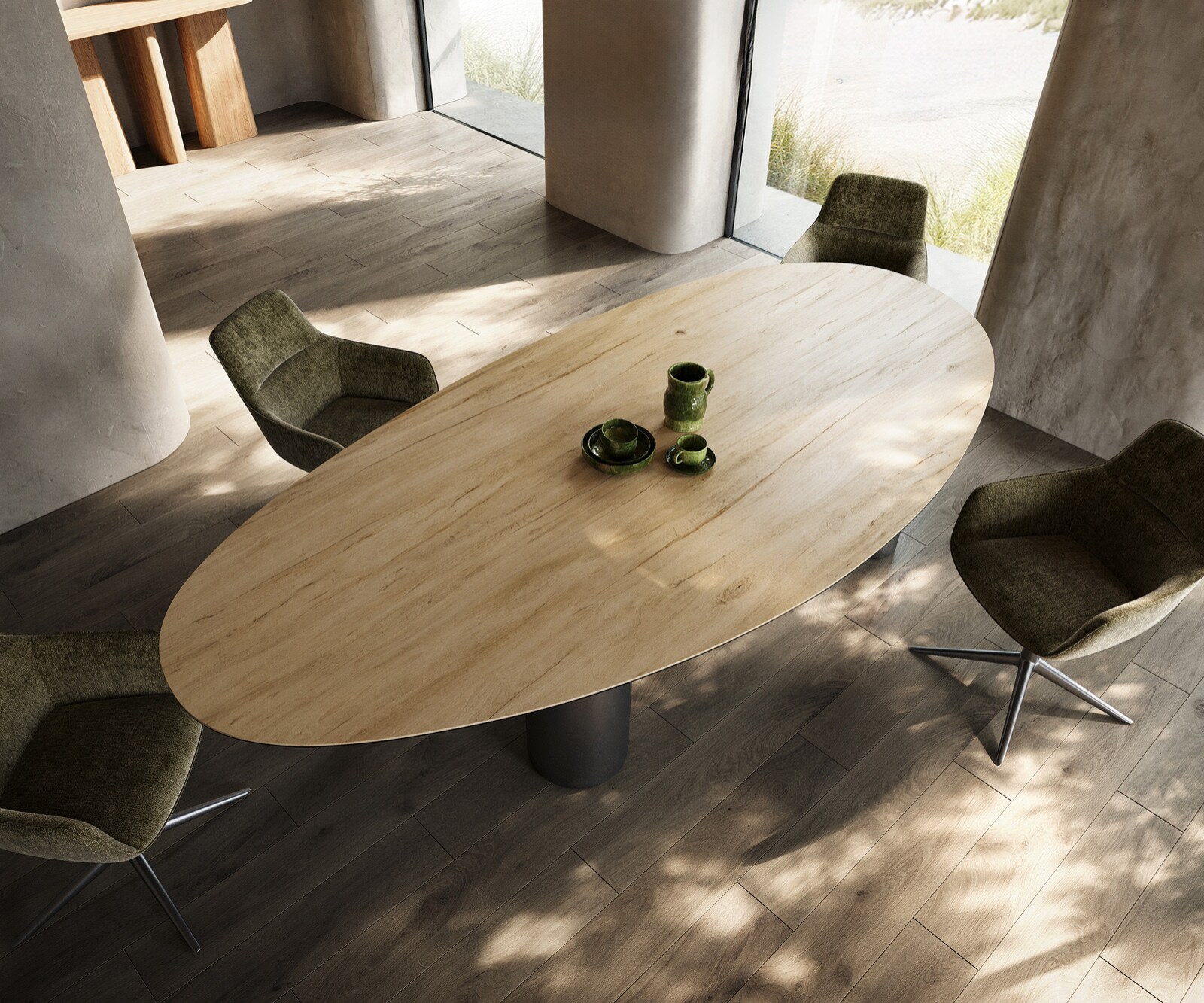 Eetkamertafel Edge ovaal 280x130 keramiek Laminam® Sabbia eiken kleur Pilier roestvrij staal grafiet 4