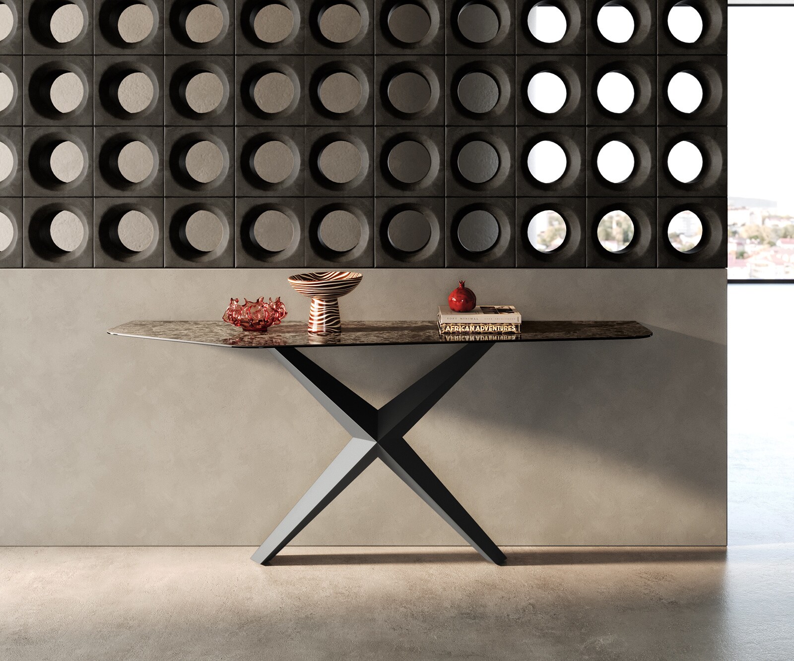 Consoletafel Edge Polygonaal 180x50 cm Keramiek Emperador Extra Lucidato Dunkelbraun Zentharo Metaal Zwart 1